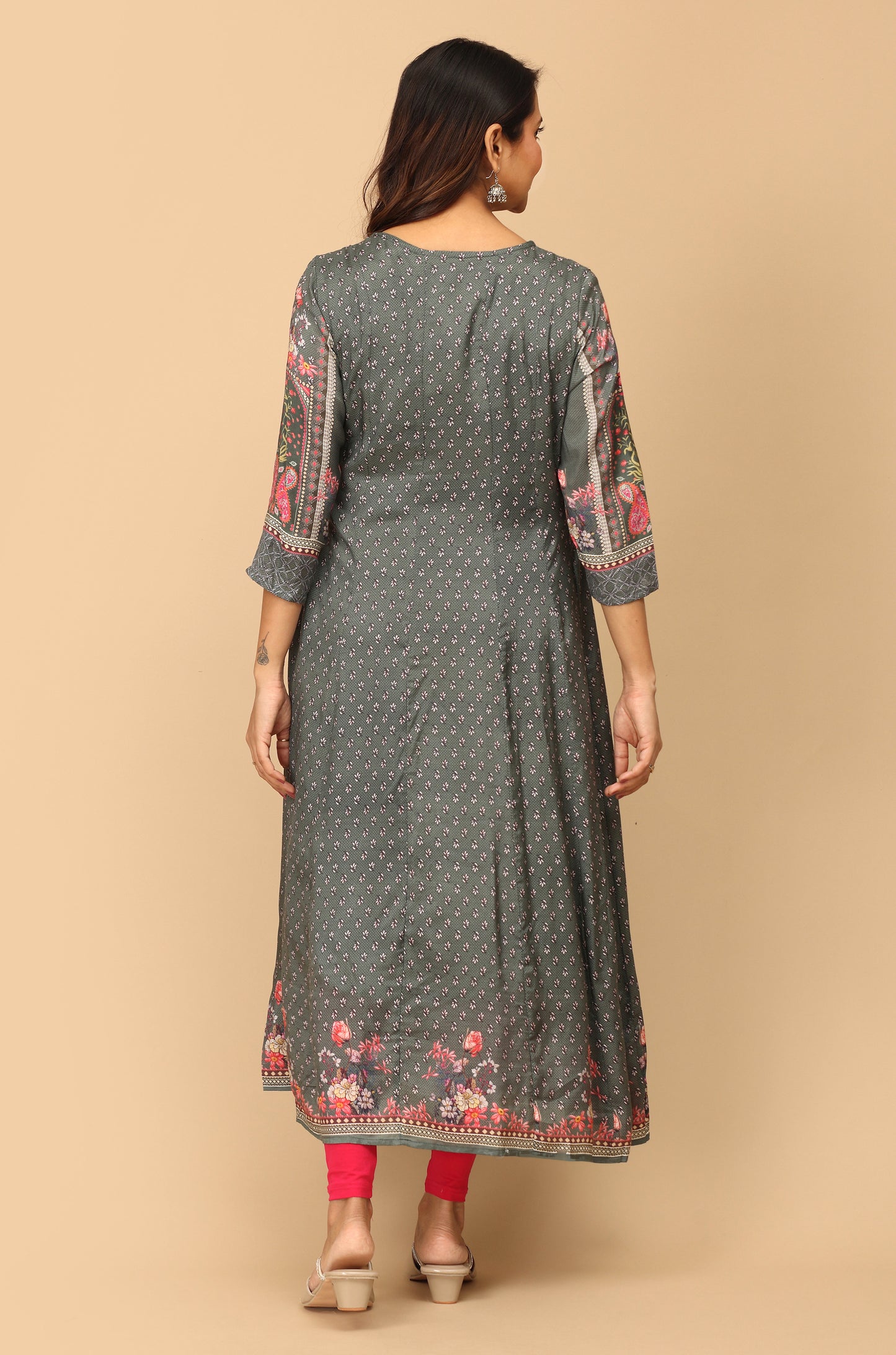 Grey Cotton Printed & Handwork A-Line Anarkali