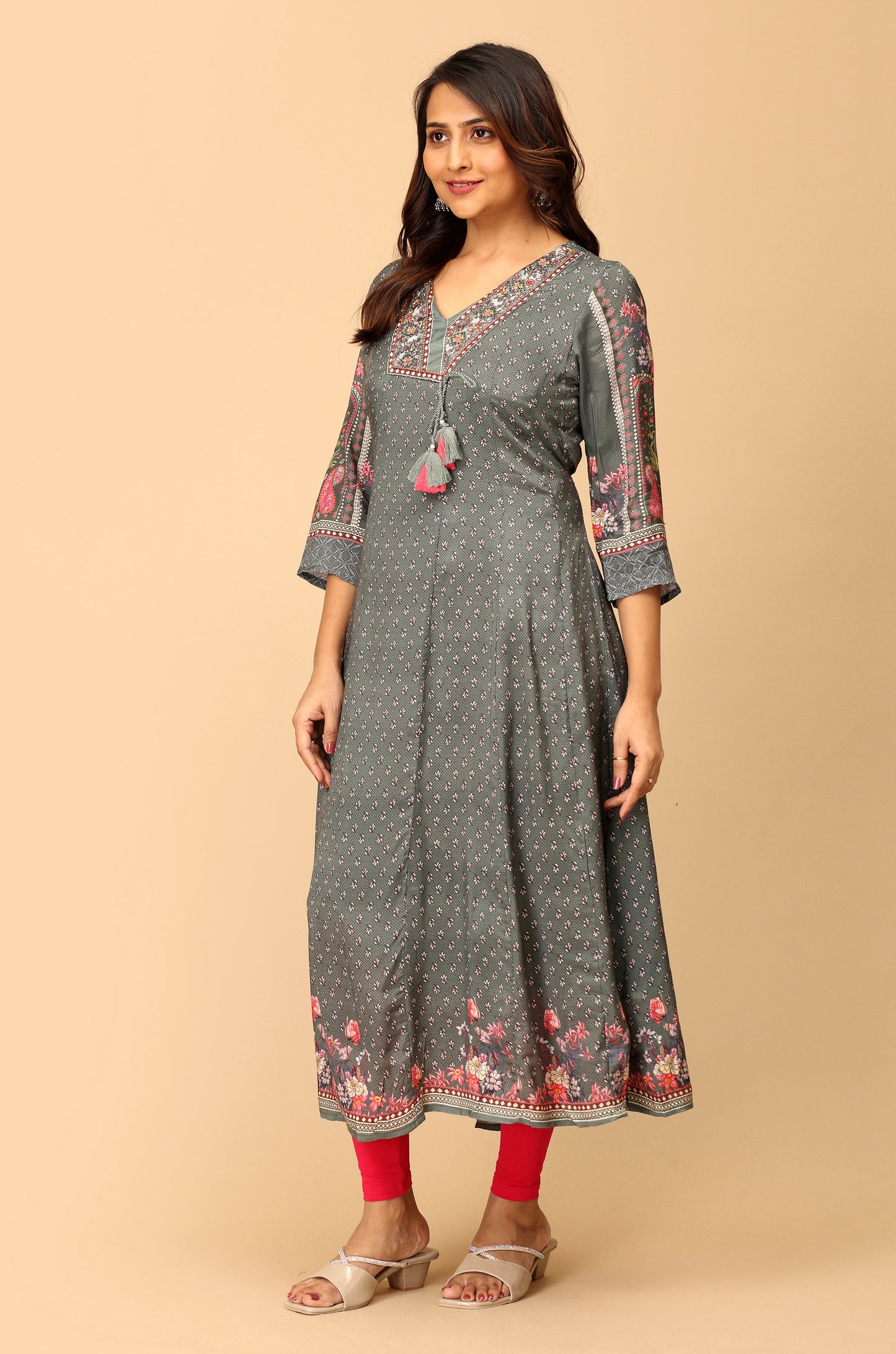 Grey Cotton Printed & Handwork A-Line Anarkali