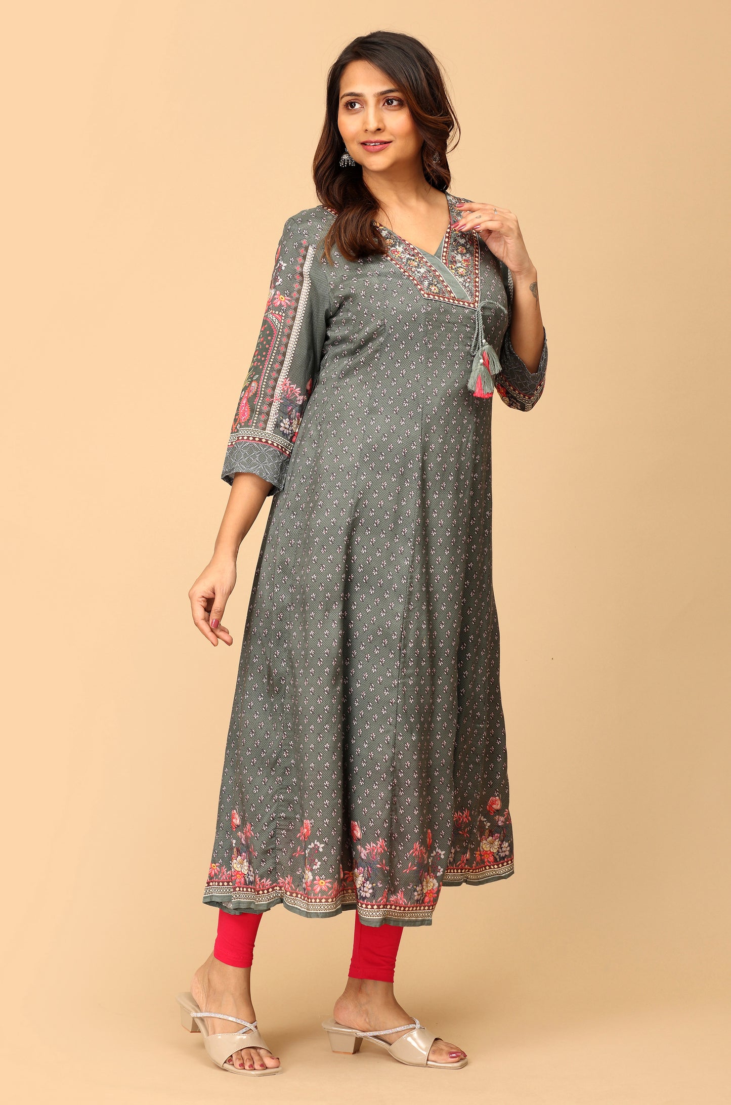 Grey Cotton Printed & Handwork A-Line Anarkali