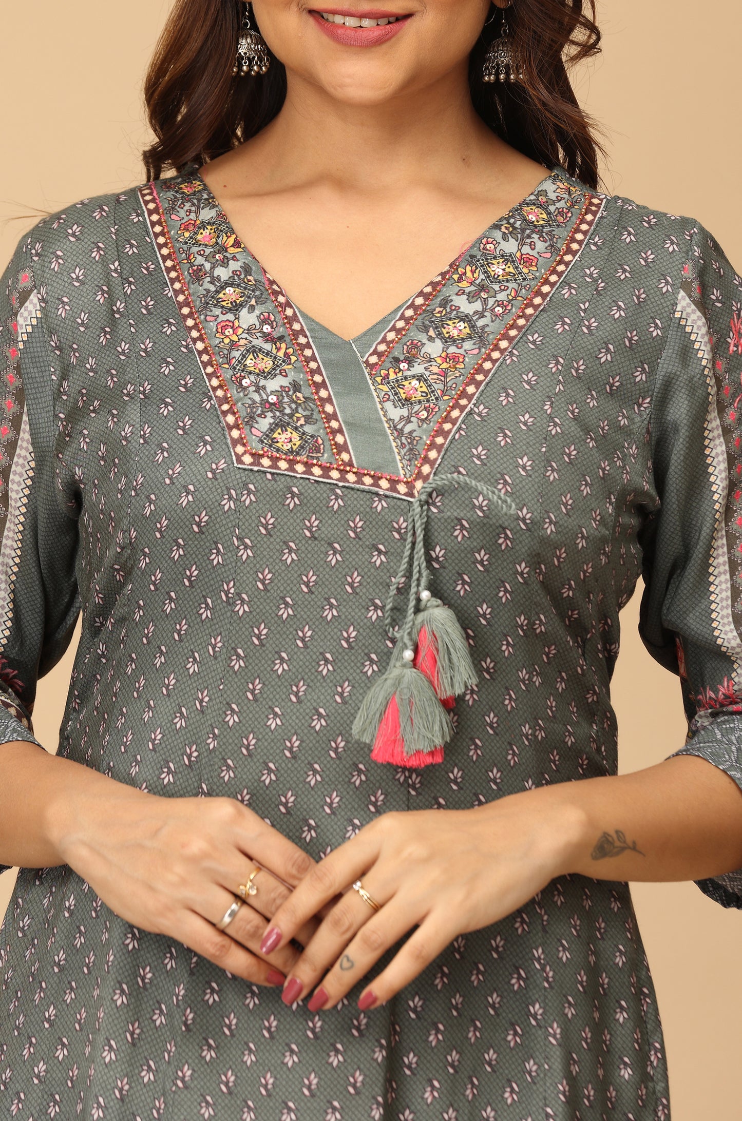 Grey Cotton Printed & Handwork A-Line Anarkali