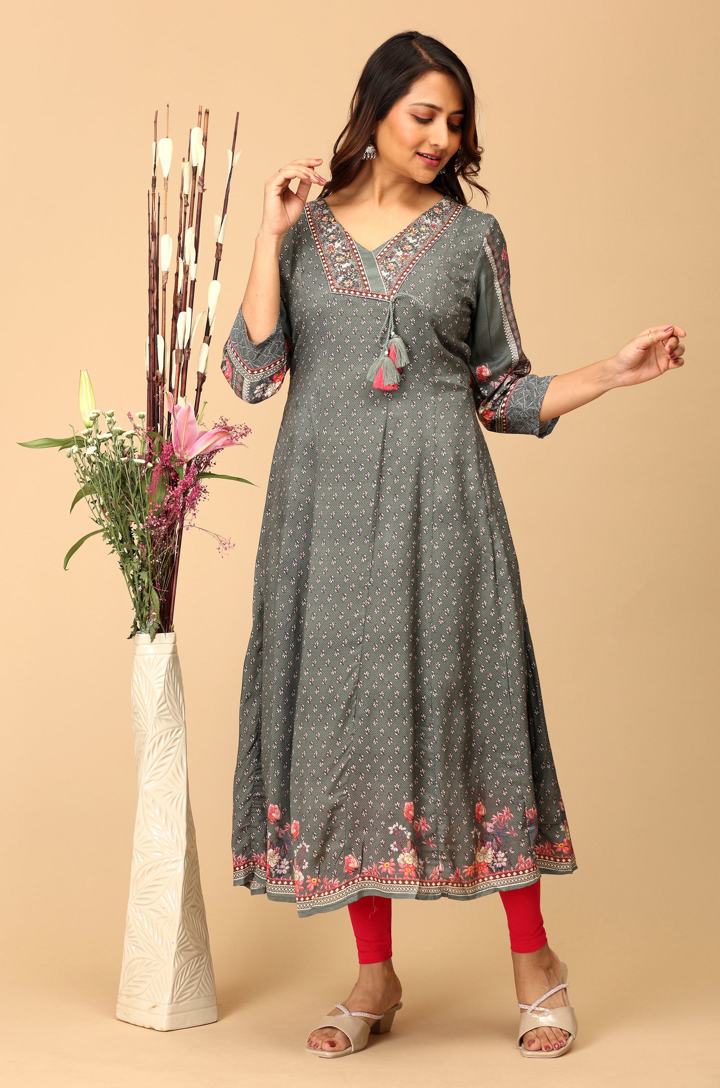 Grey Cotton Printed & Handwork A-Line Anarkali