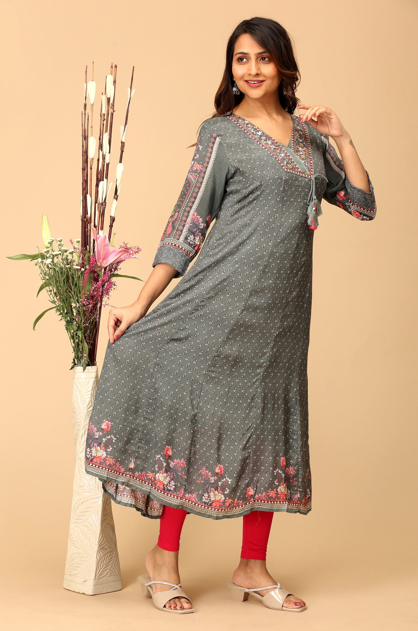 Grey Cotton Printed & Handwork A-Line Anarkali