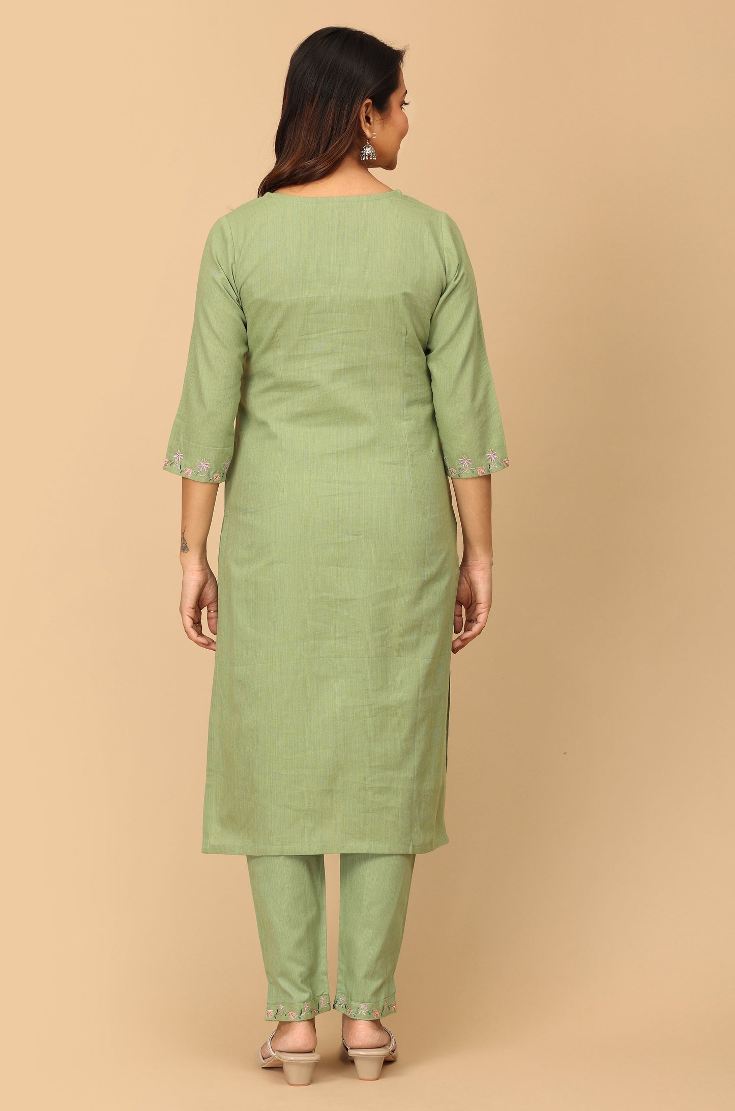 Pistachio Khadi Embroidery Straight Kurti Set - 2Pcs