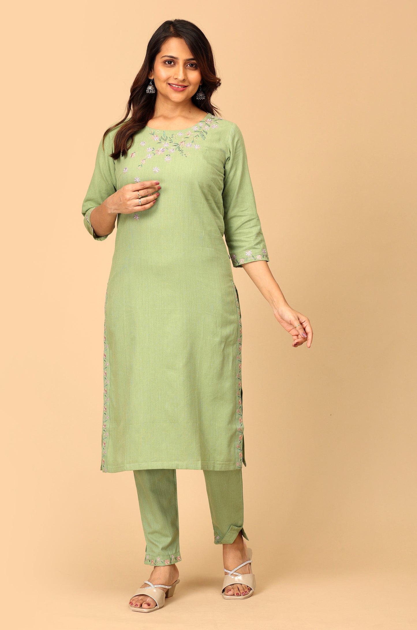 Pistachio Khadi Embroidery Straight Kurti Set - 2Pcs