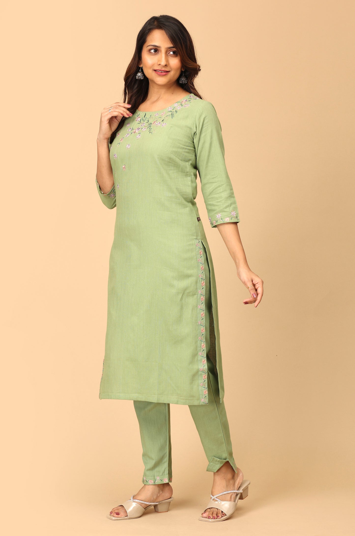 Pistachio Khadi Embroidery Straight Kurti Set - 2Pcs