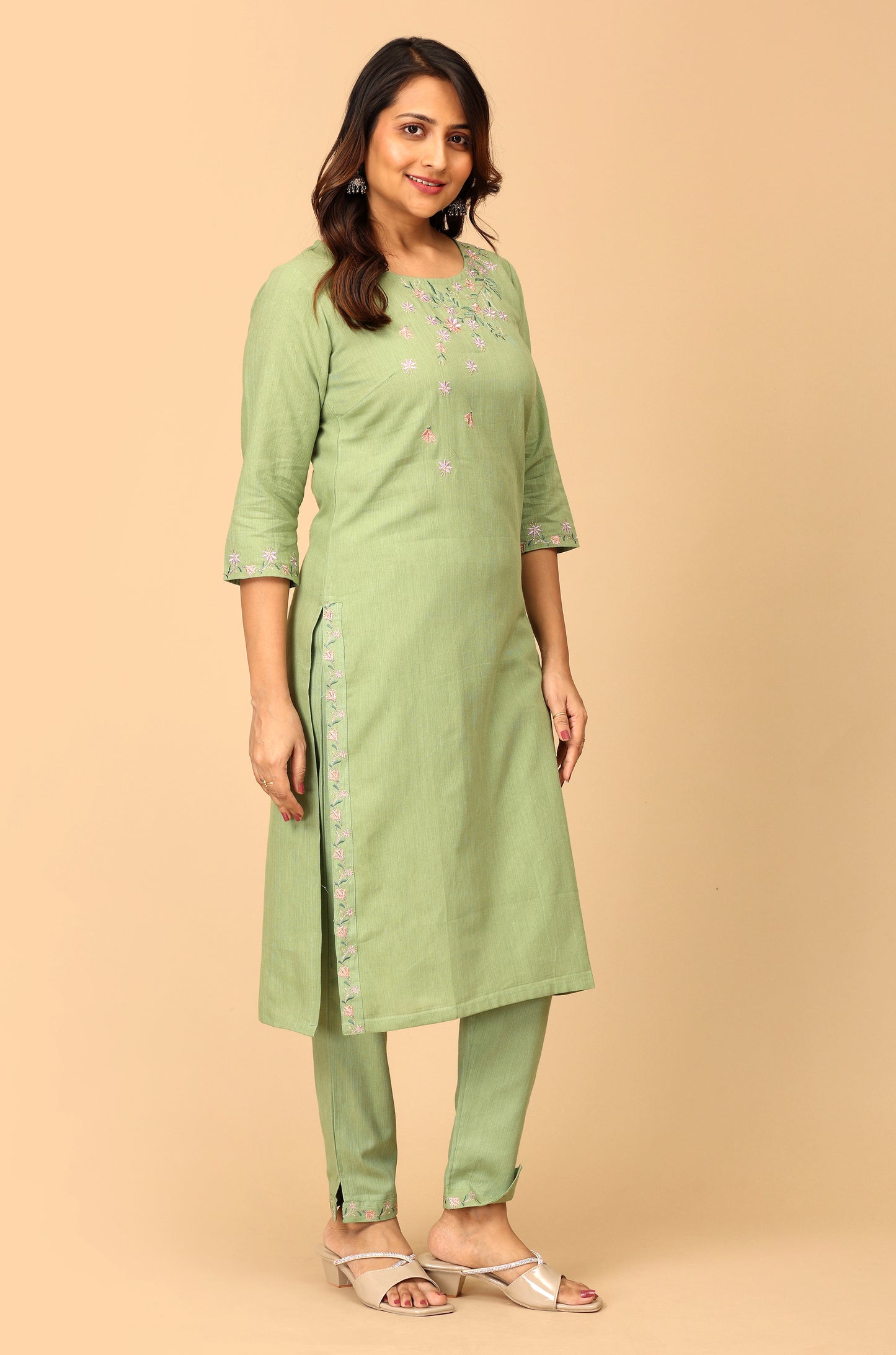 Pistachio Khadi Embroidery Straight Kurti Set - 2Pcs