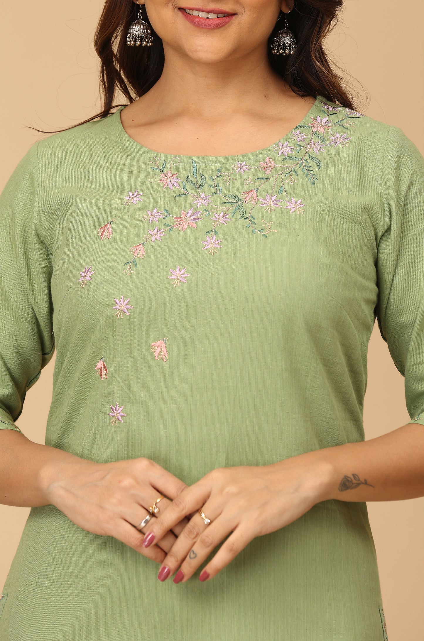 Pistachio Khadi Embroidery Straight Kurti Set - 2Pcs