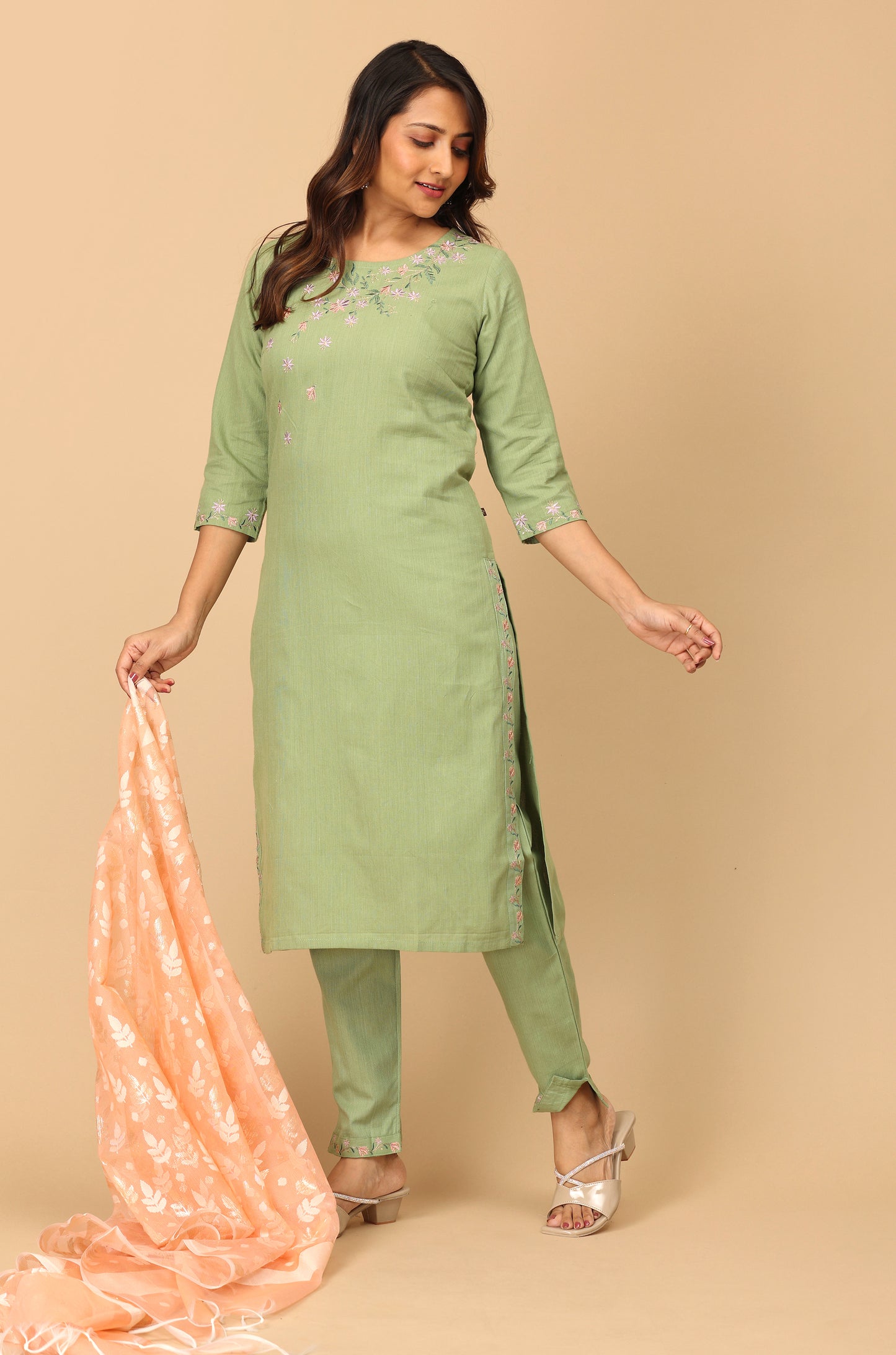 Pistachio Khadi Embroidery Straight Kurti Set - 2Pcs
