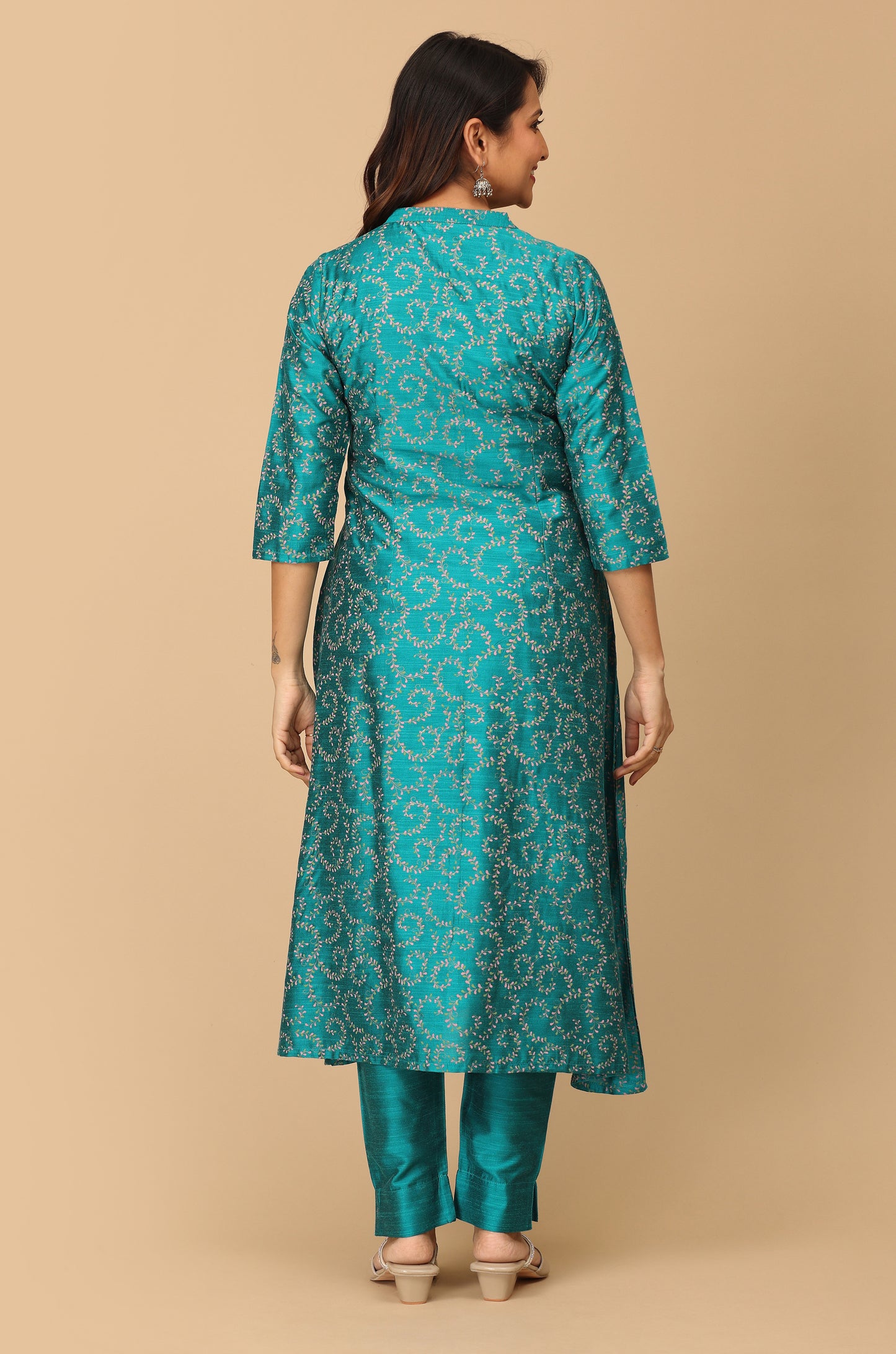 Peacock Green Slub Silk Printed A-Line Kurti Set - 2Pcs