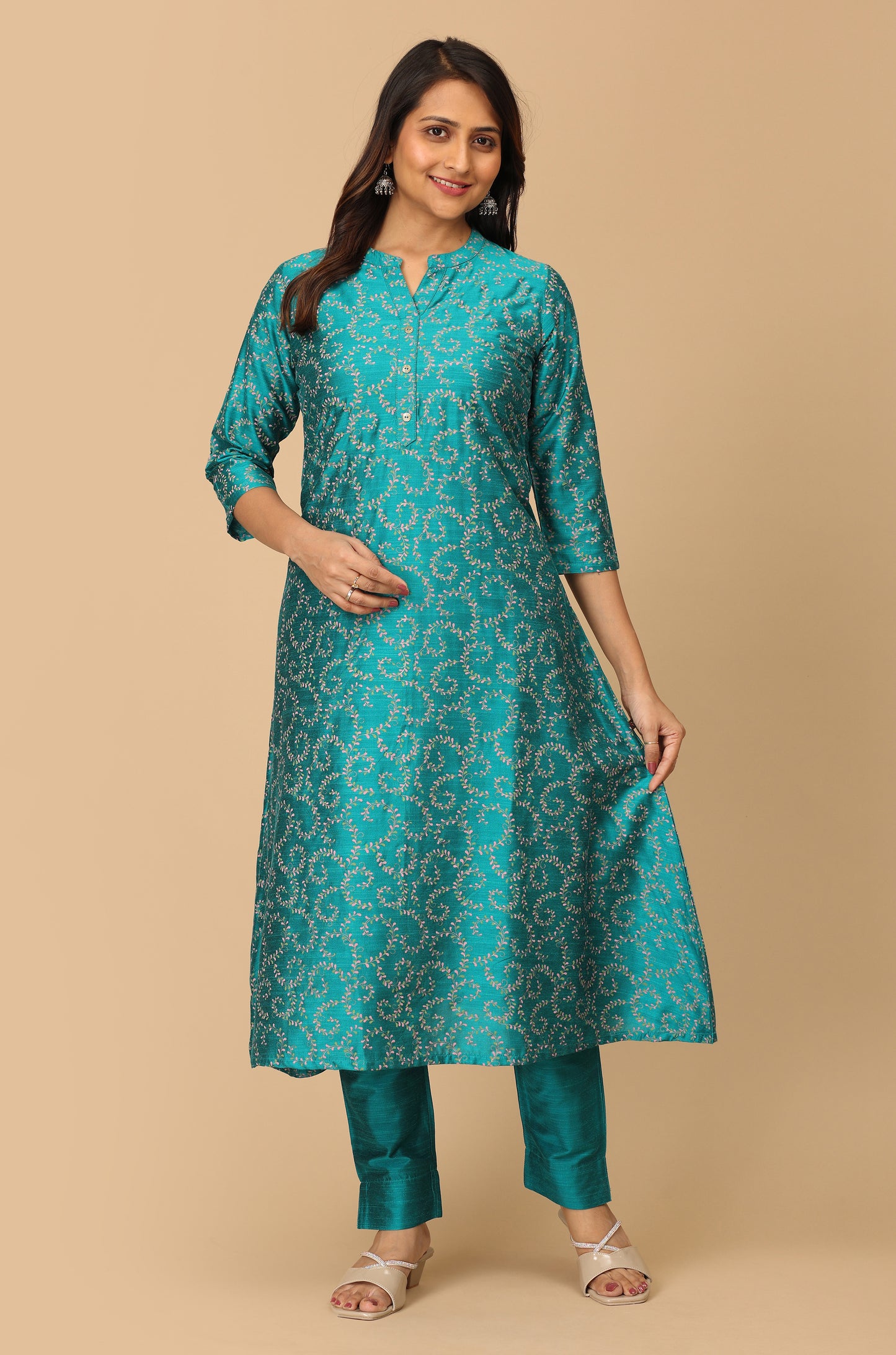 Peacock Green Slub Silk Printed A-Line Kurti Set - 2Pcs