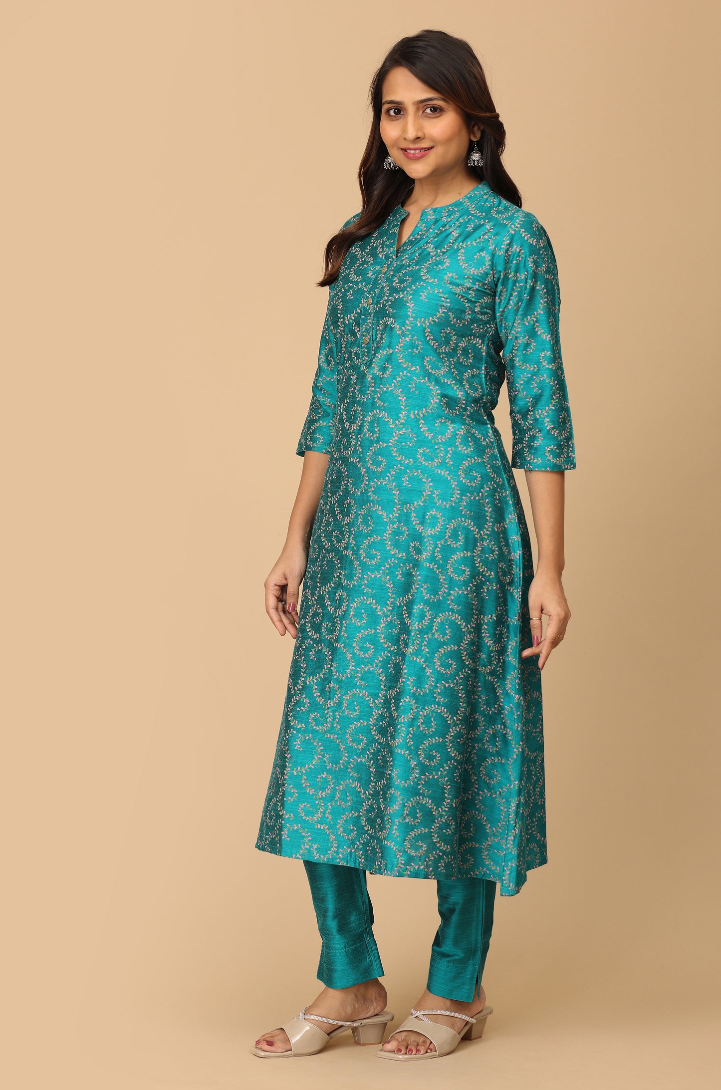 Peacock Green Slub Silk Printed A-Line Kurti Set - 2Pcs