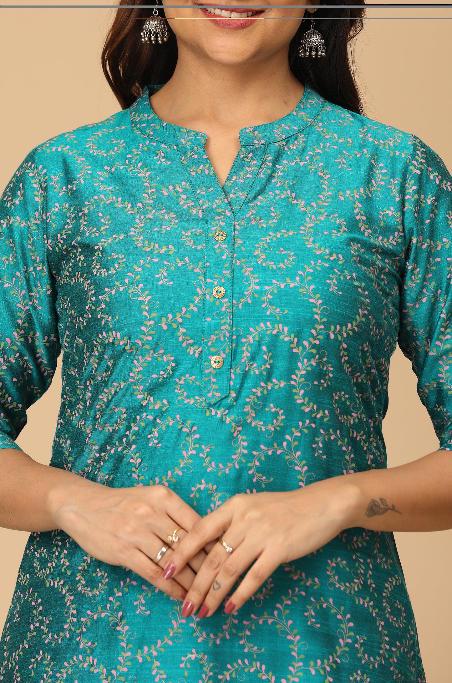 Peacock Green Slub Silk Printed A-Line Kurti Set - 2Pcs