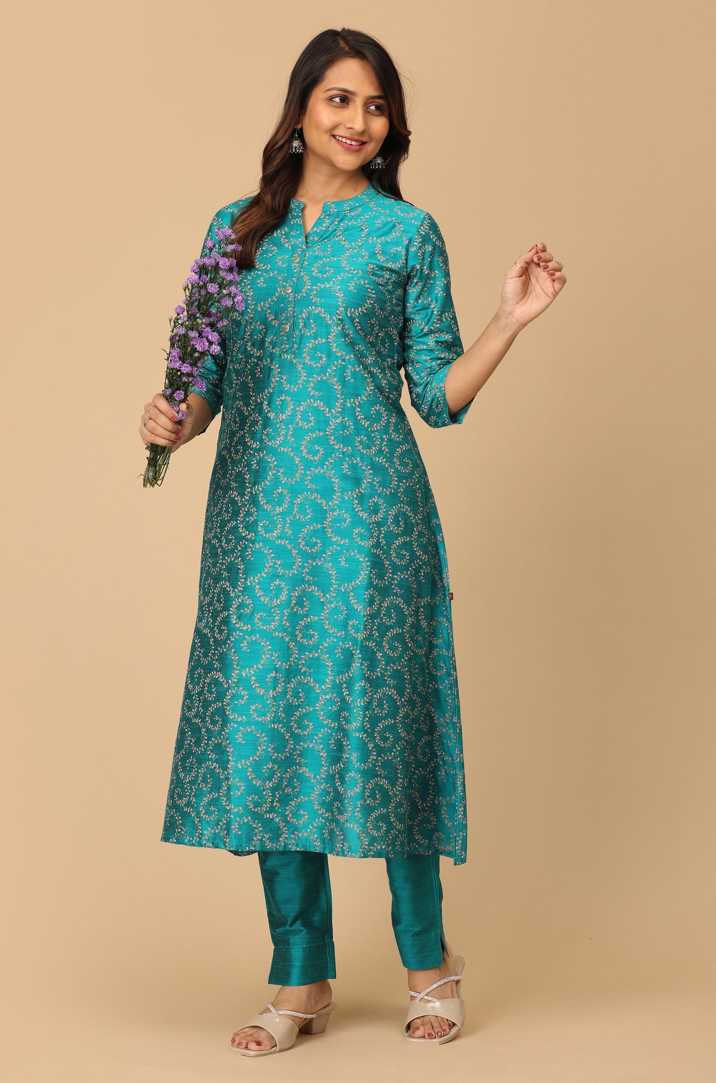 Peacock Green Slub Silk Printed A-Line Kurti Set - 2Pcs