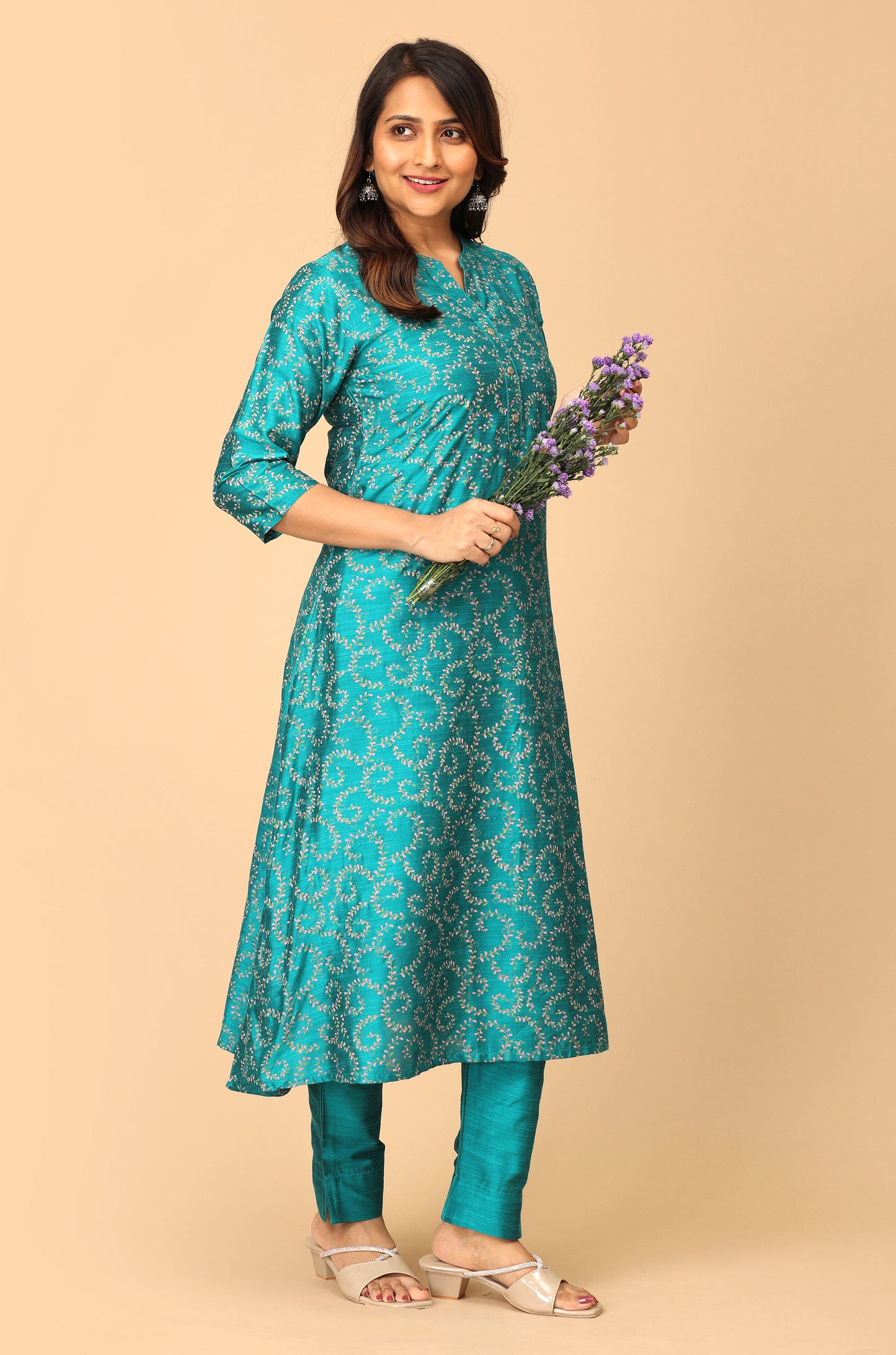 Peacock Green Slub Silk Printed A-Line Kurti Set - 2Pcs