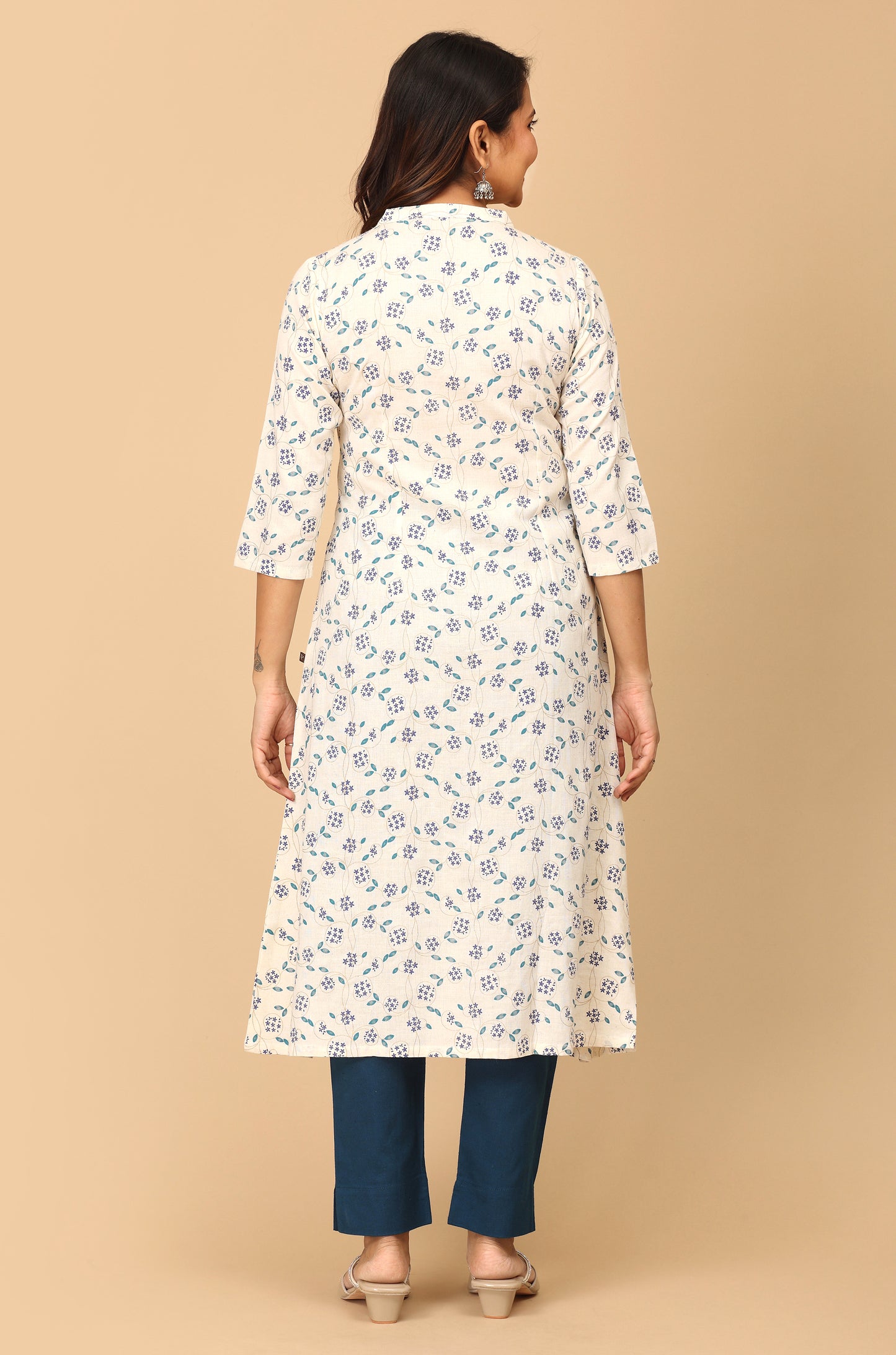 Off White Viscose Printed A-Line Kurti