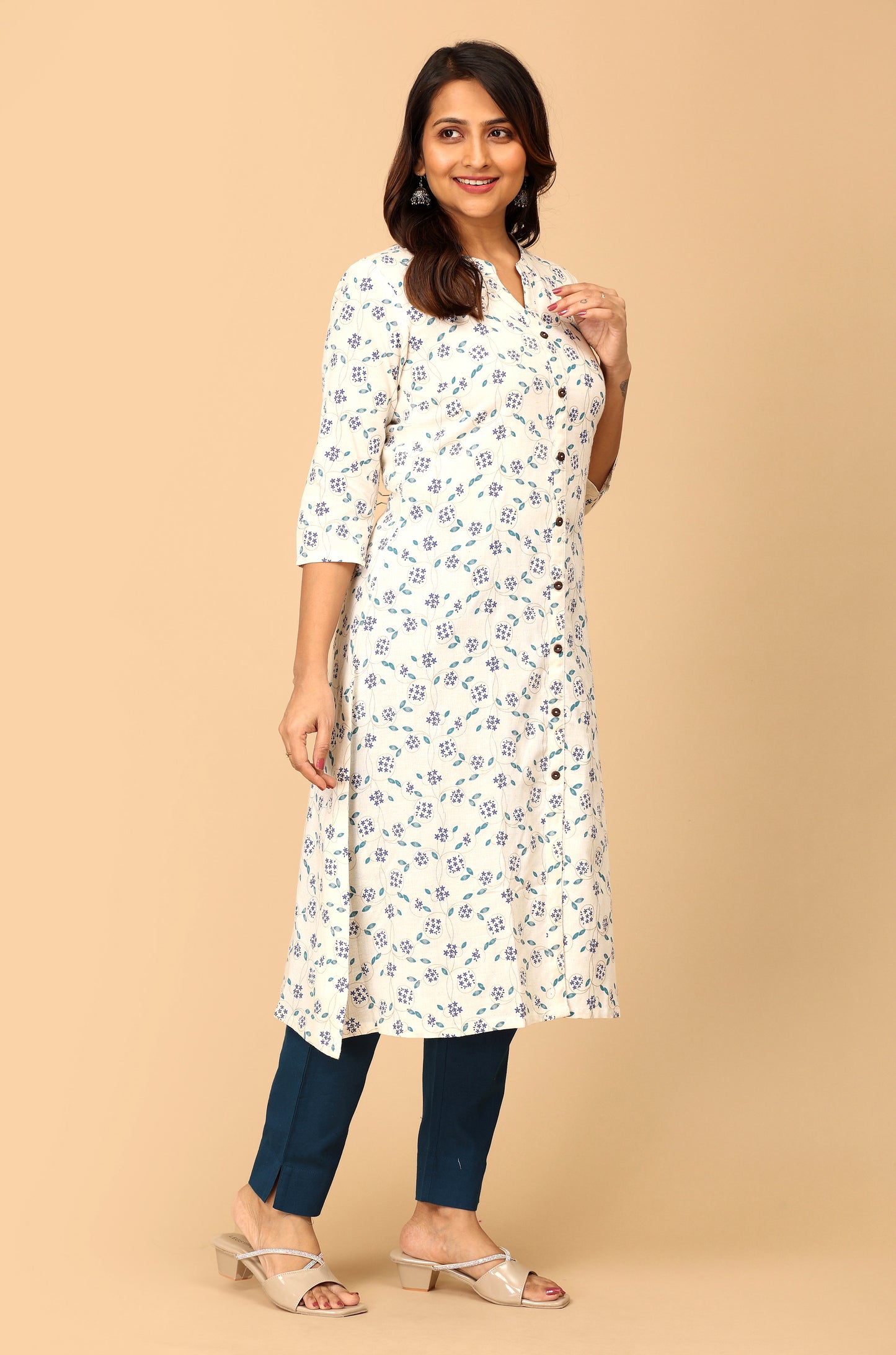 Off White Viscose Printed A-Line Kurti