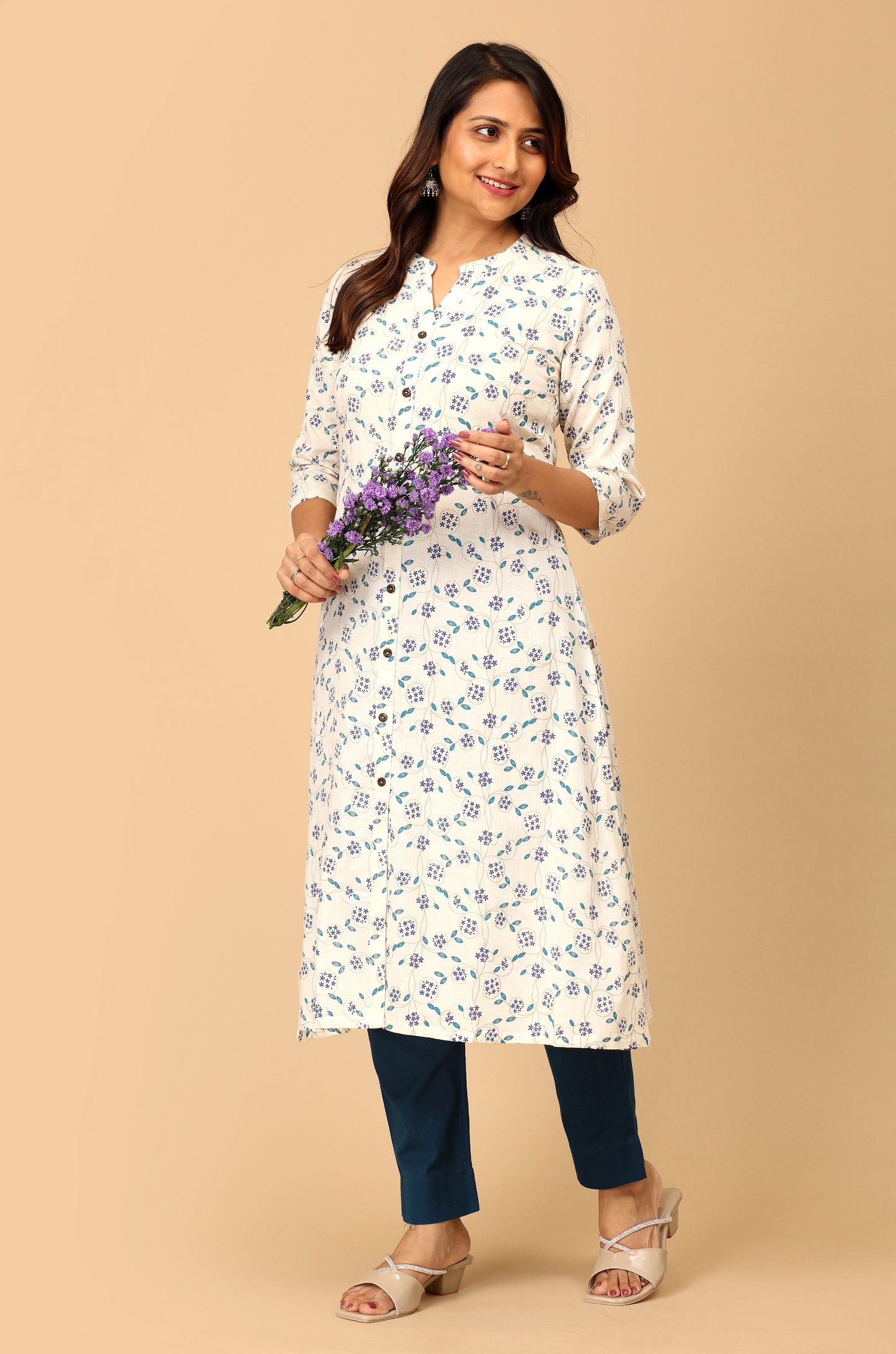 Off White Viscose Printed A-Line Kurti