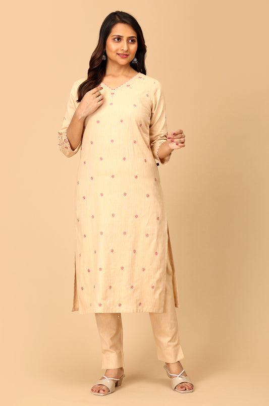 Beige Khadi All over Embroidery Straight Kurti Set - 2Pcs