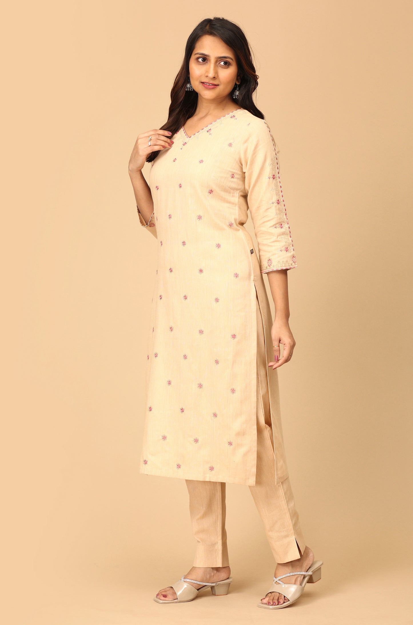 Beige Khadi All over Embroidery Straight Kurti Set - 2Pcs