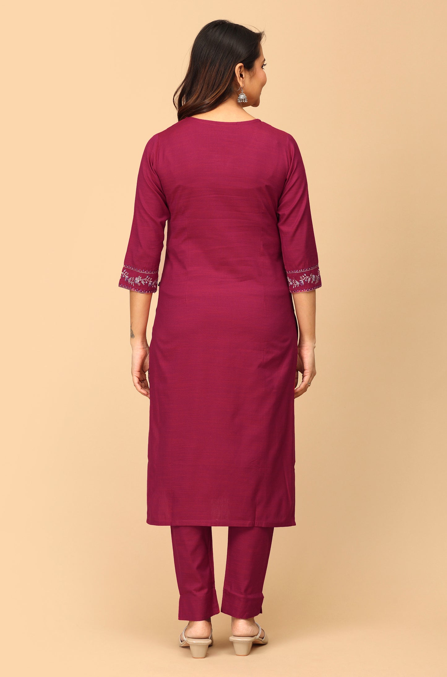 Magenta Rayon Slub Embroidery Straight Kurti Set - 2Pcs
