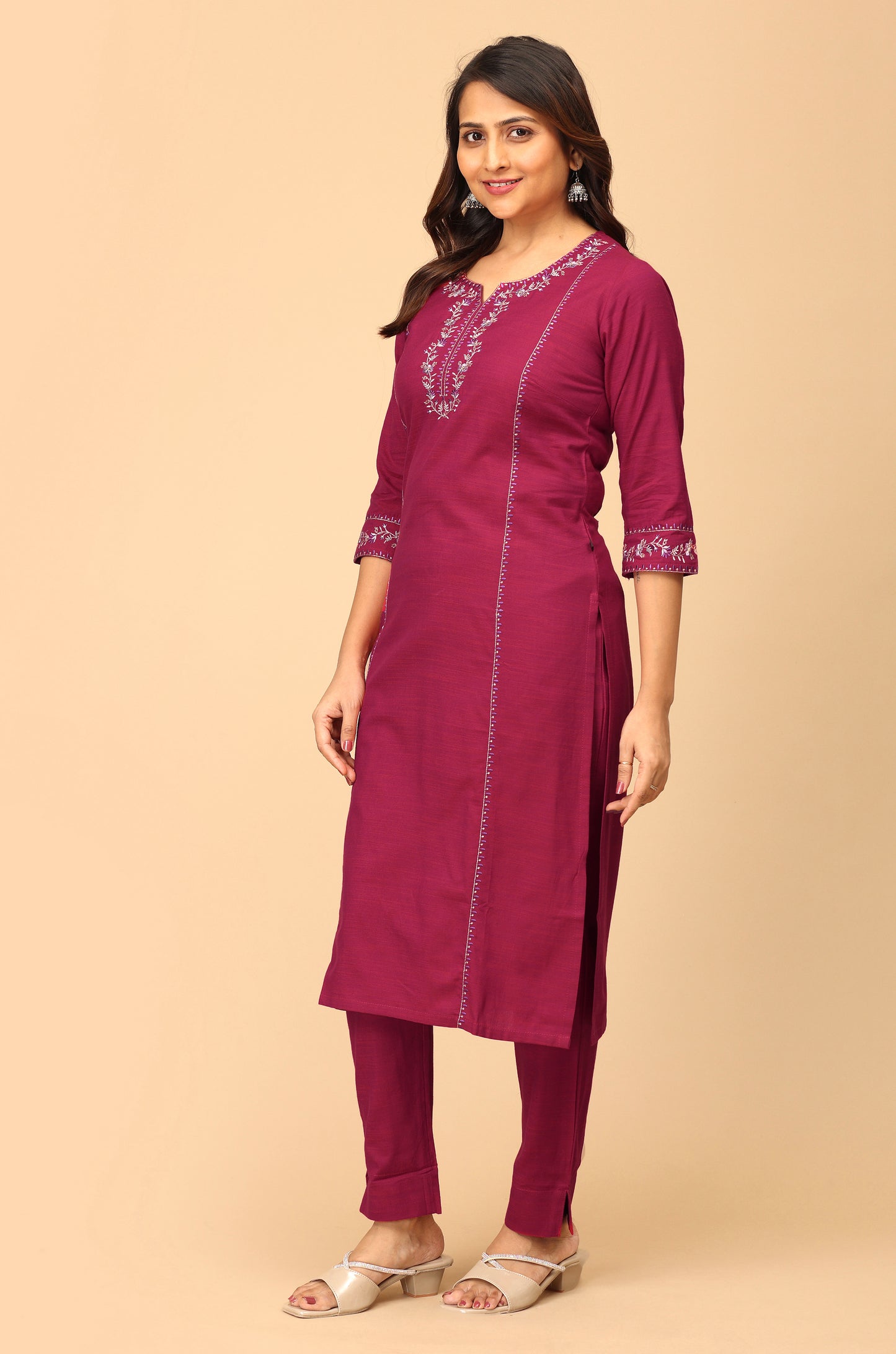 Magenta Rayon Slub Embroidery Straight Kurti Set - 2Pcs