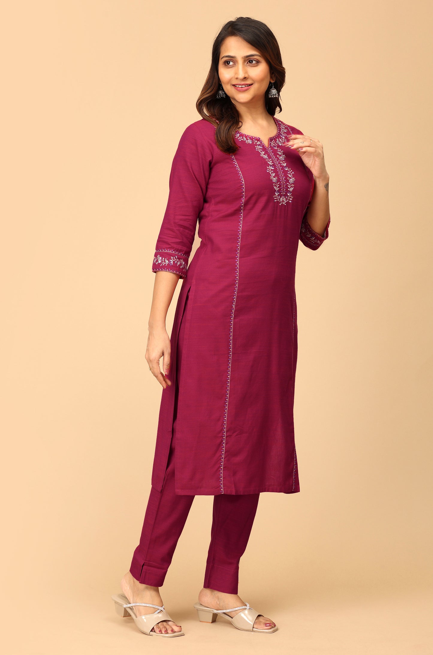 Magenta Rayon Slub Embroidery Straight Kurti Set - 2Pcs