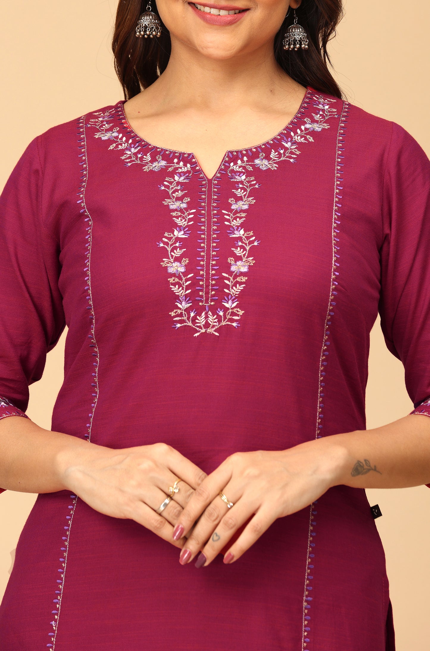 Magenta Rayon Slub Embroidery Straight Kurti Set - 2Pcs