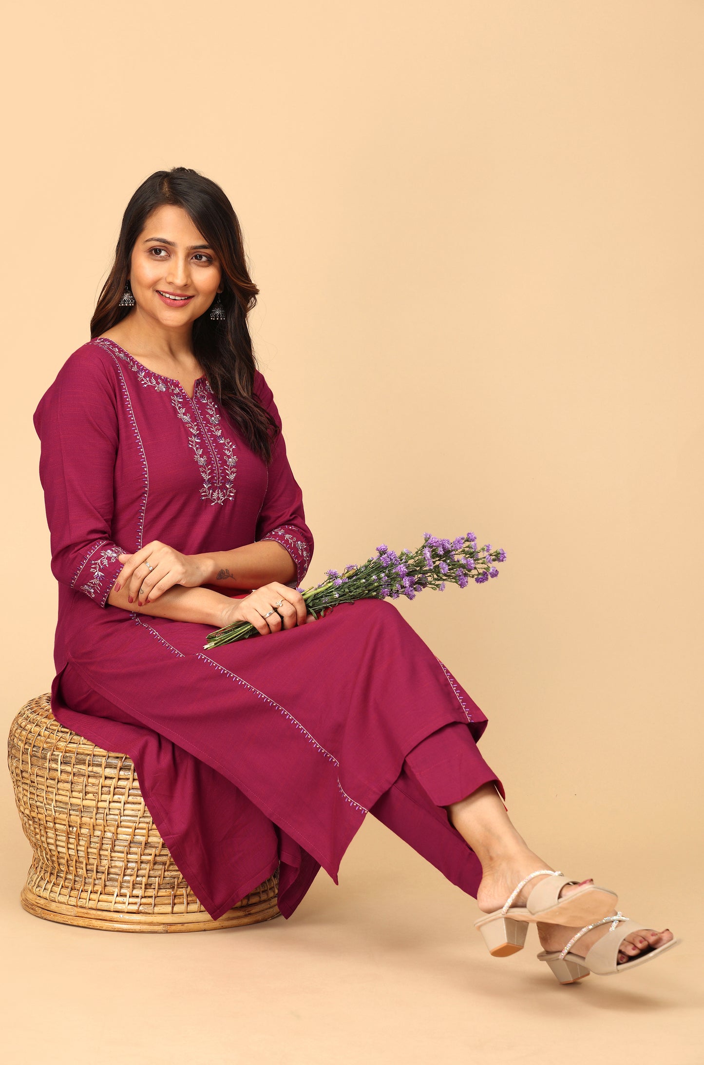 Magenta Rayon Slub Embroidery Straight Kurti Set - 2Pcs