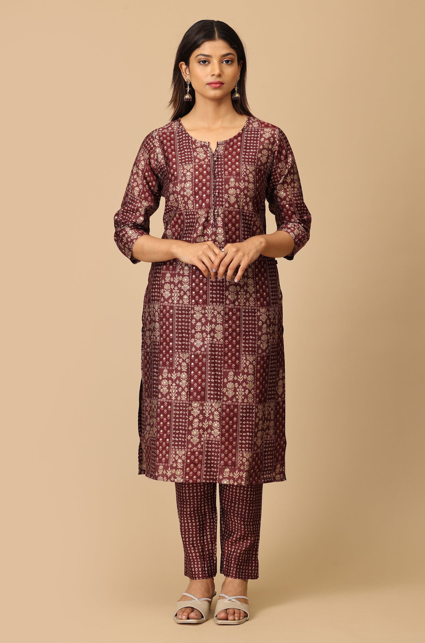 Wine Modal Printed Kurti Set - 2 Pcs