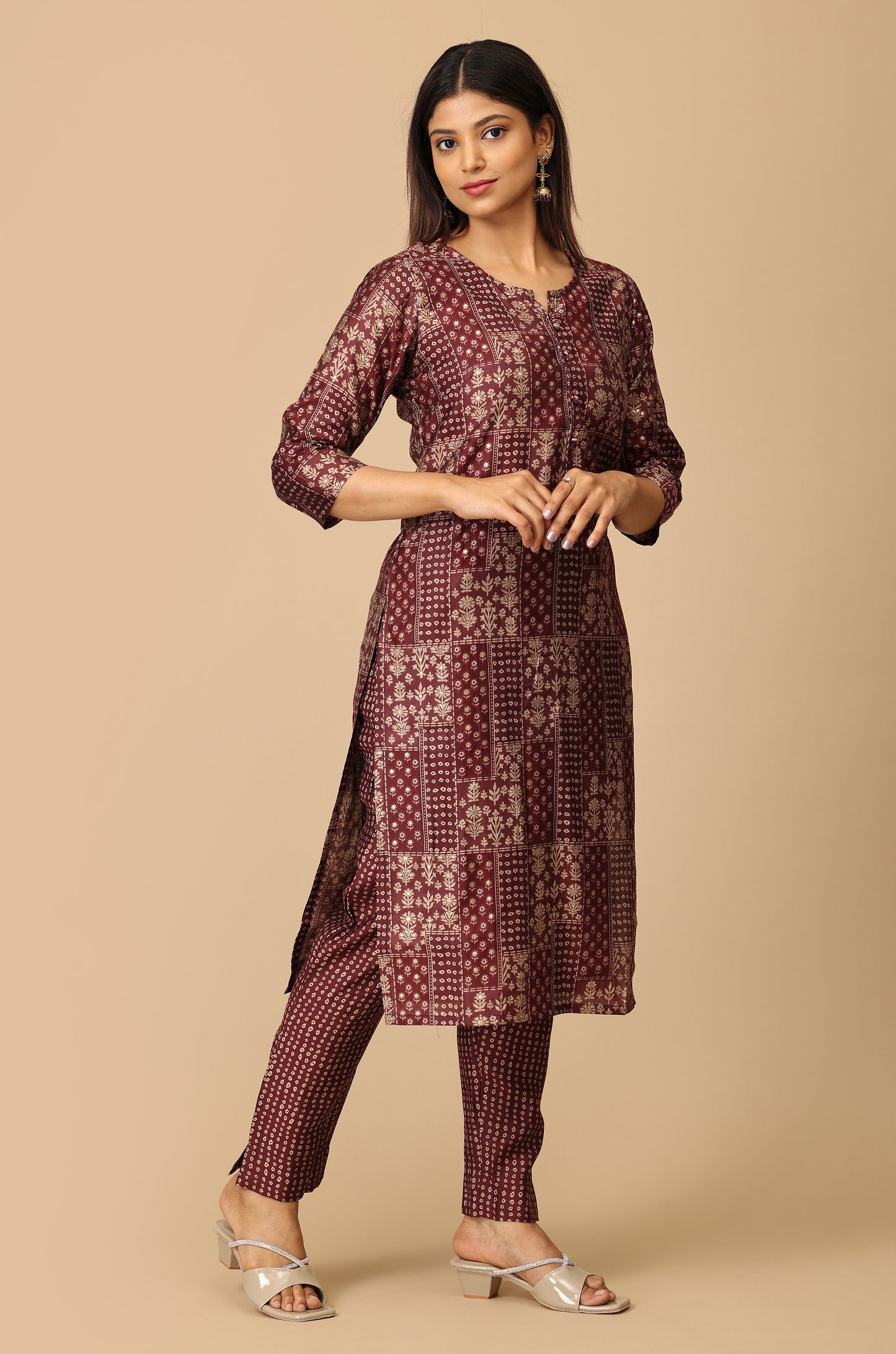 Wine Modal Printed Kurti Set - 2 Pcs