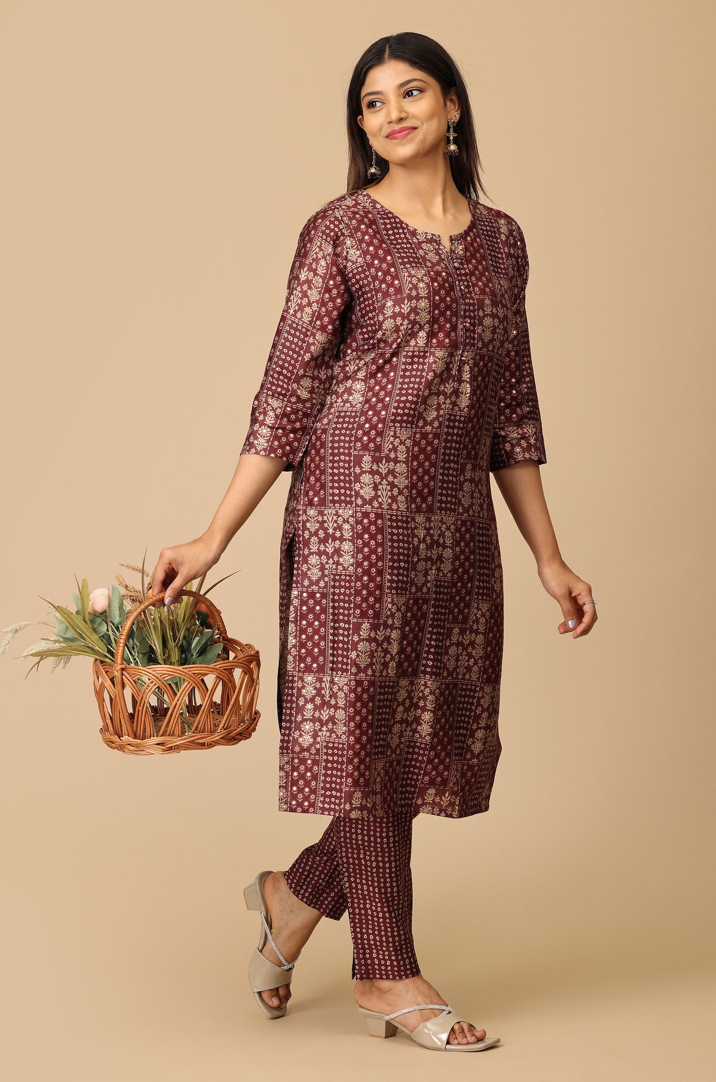Wine Modal Printed Kurti Set - 2 Pcs
