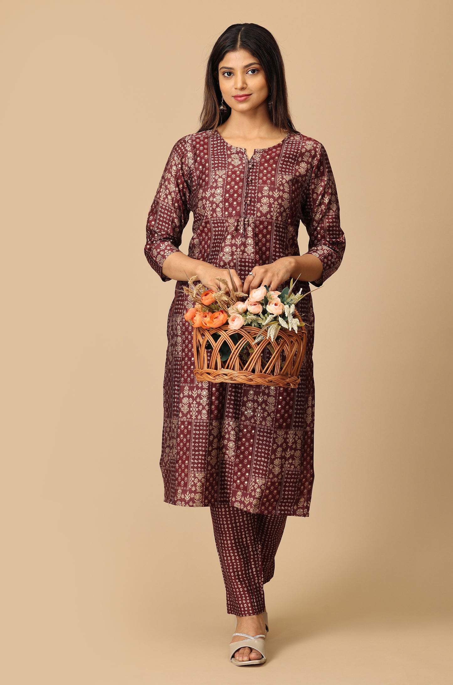 Wine Modal Printed Kurti Set - 2 Pcs