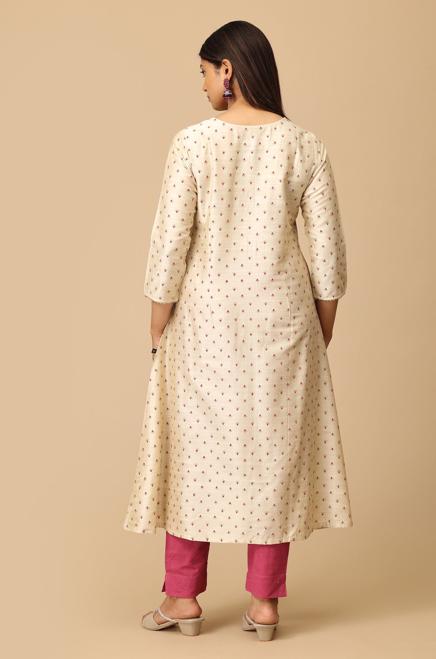 Beige Printed A-Line Lace work Kurti