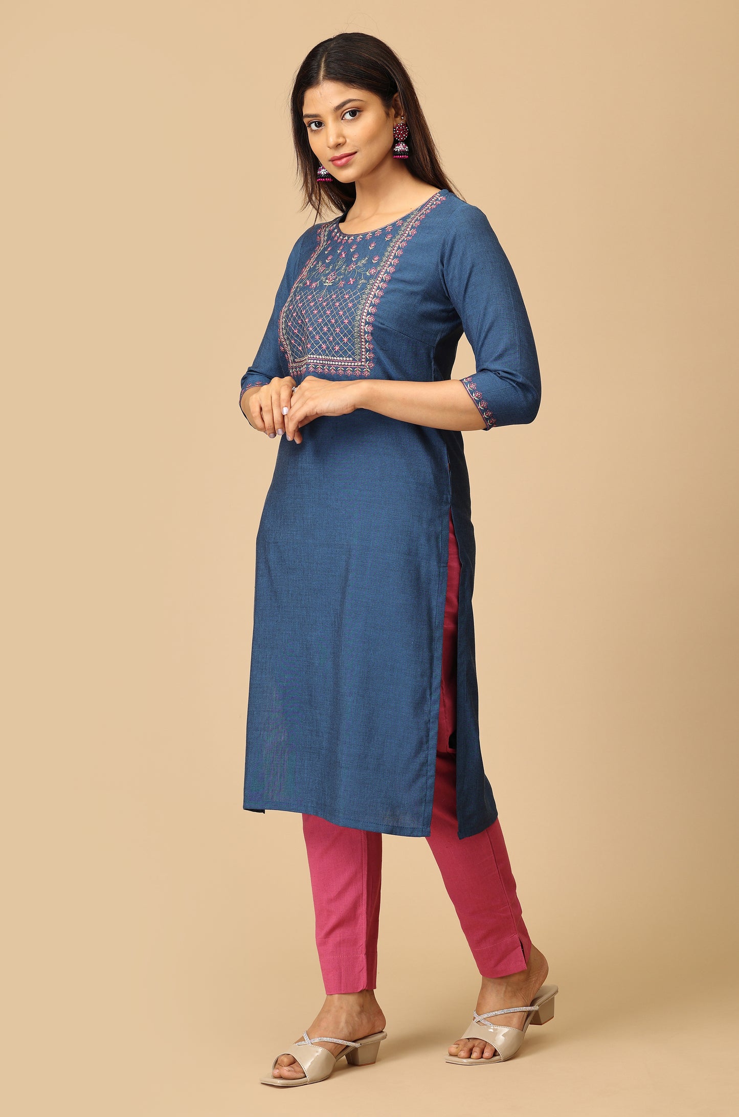 Navy Blue BB Cotton Embroidery Kurti