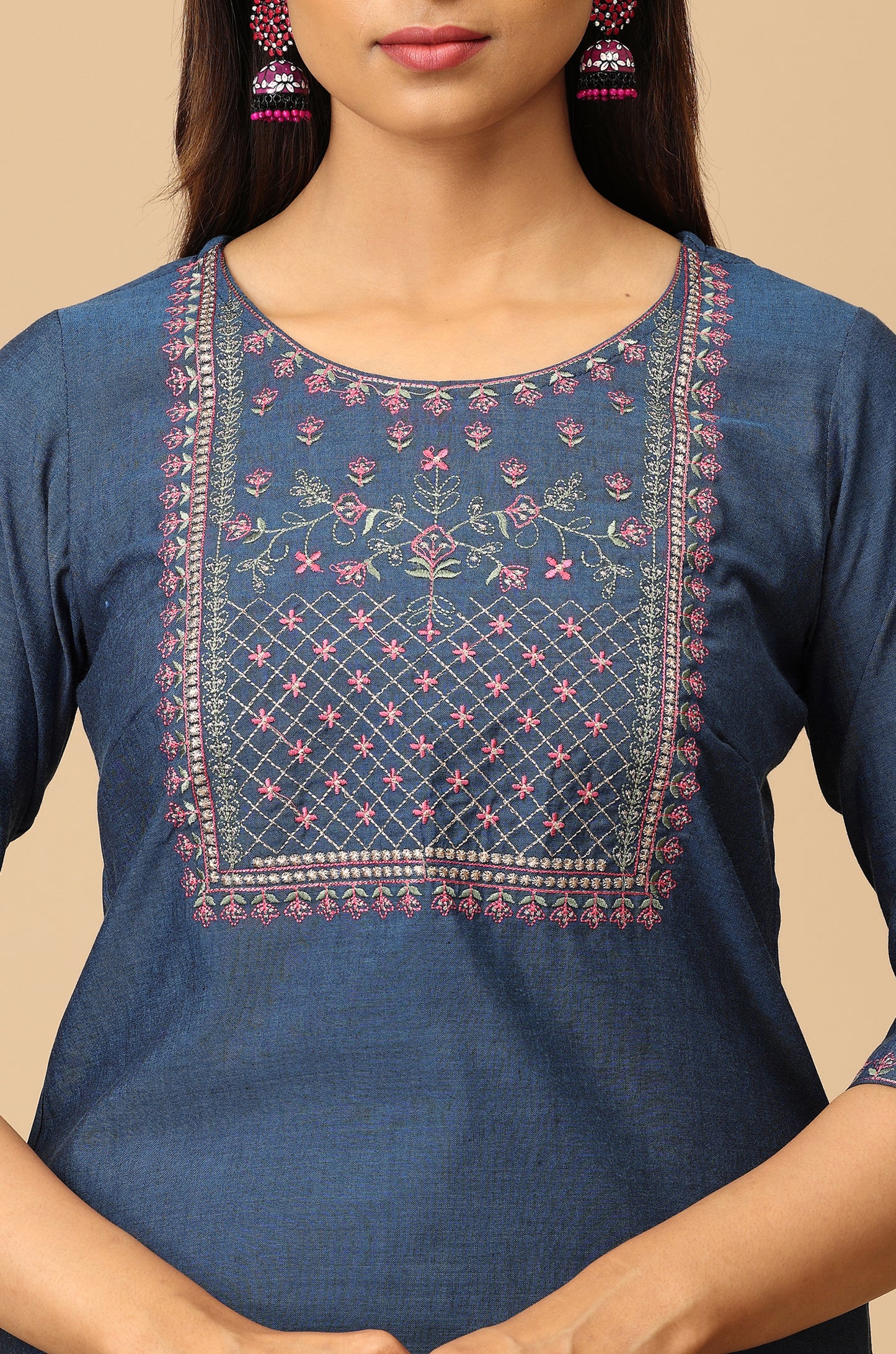Navy Blue BB Cotton Embroidery Kurti