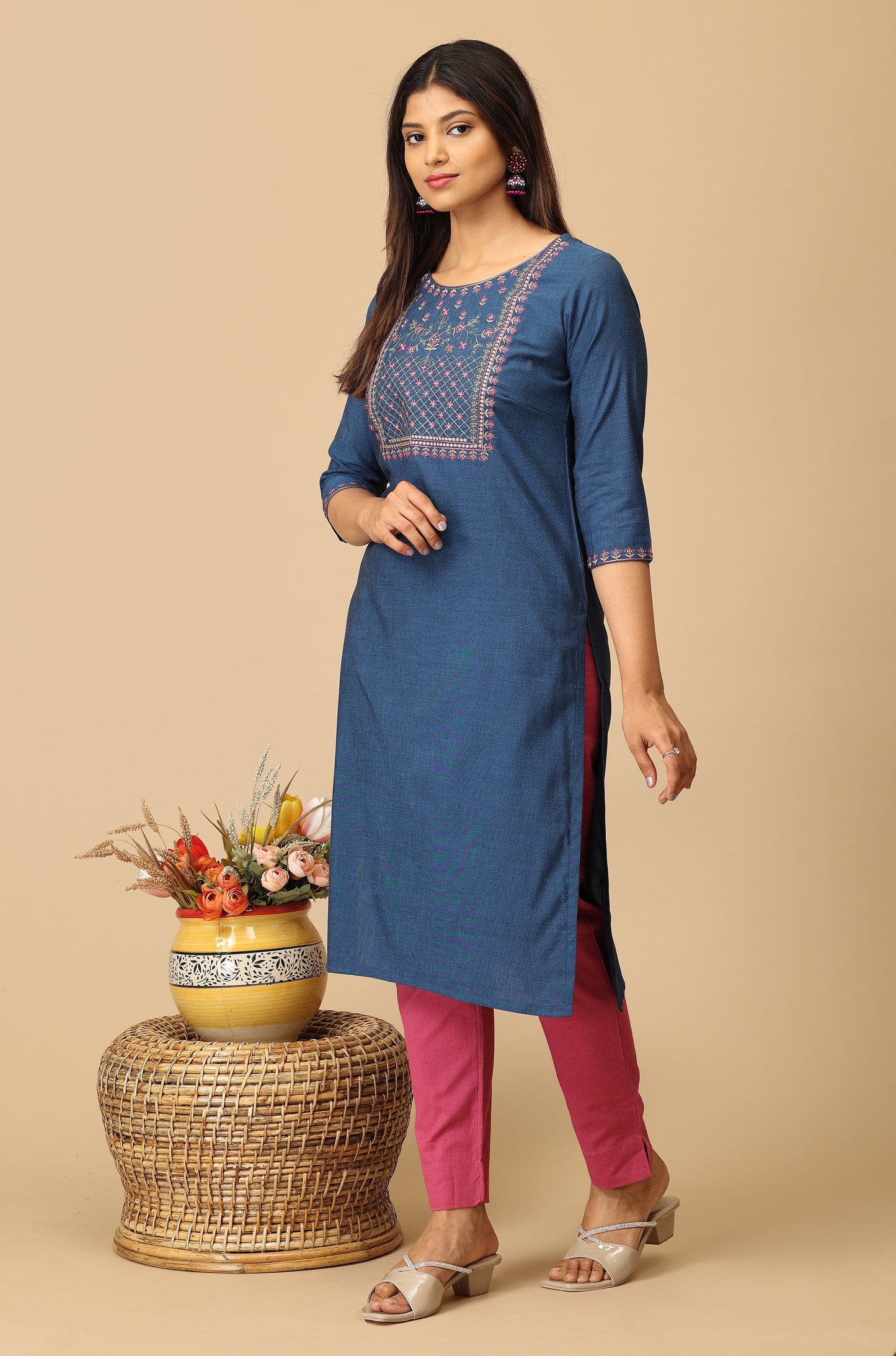 Navy Blue BB Cotton Embroidery Kurti