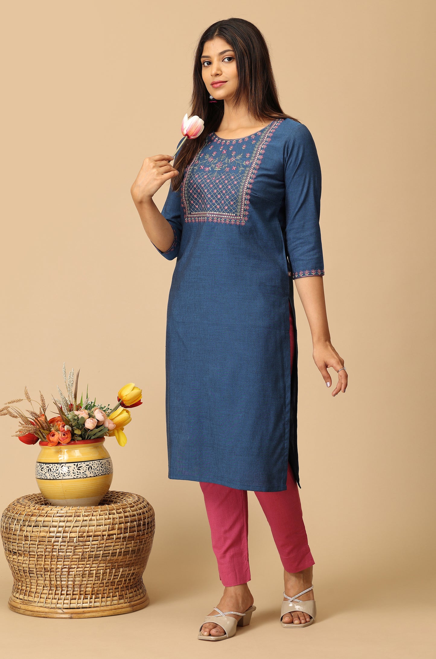 Navy Blue BB Cotton Embroidery Kurti