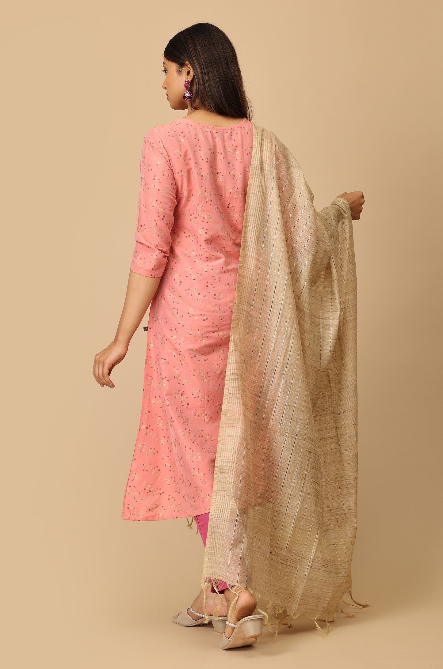 Peach Slub Silk Printed Kurti