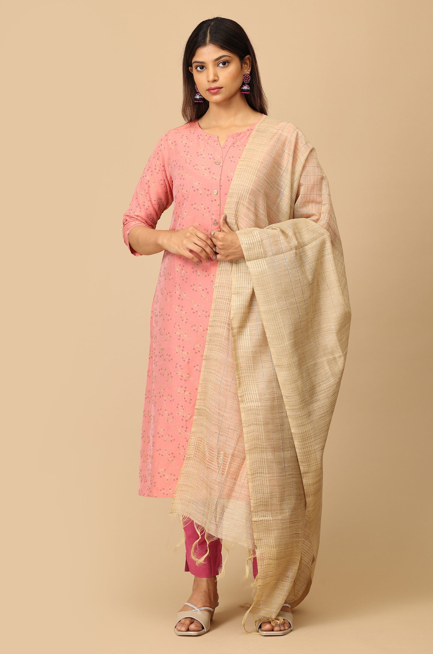 Peach Slub Silk Printed Kurti