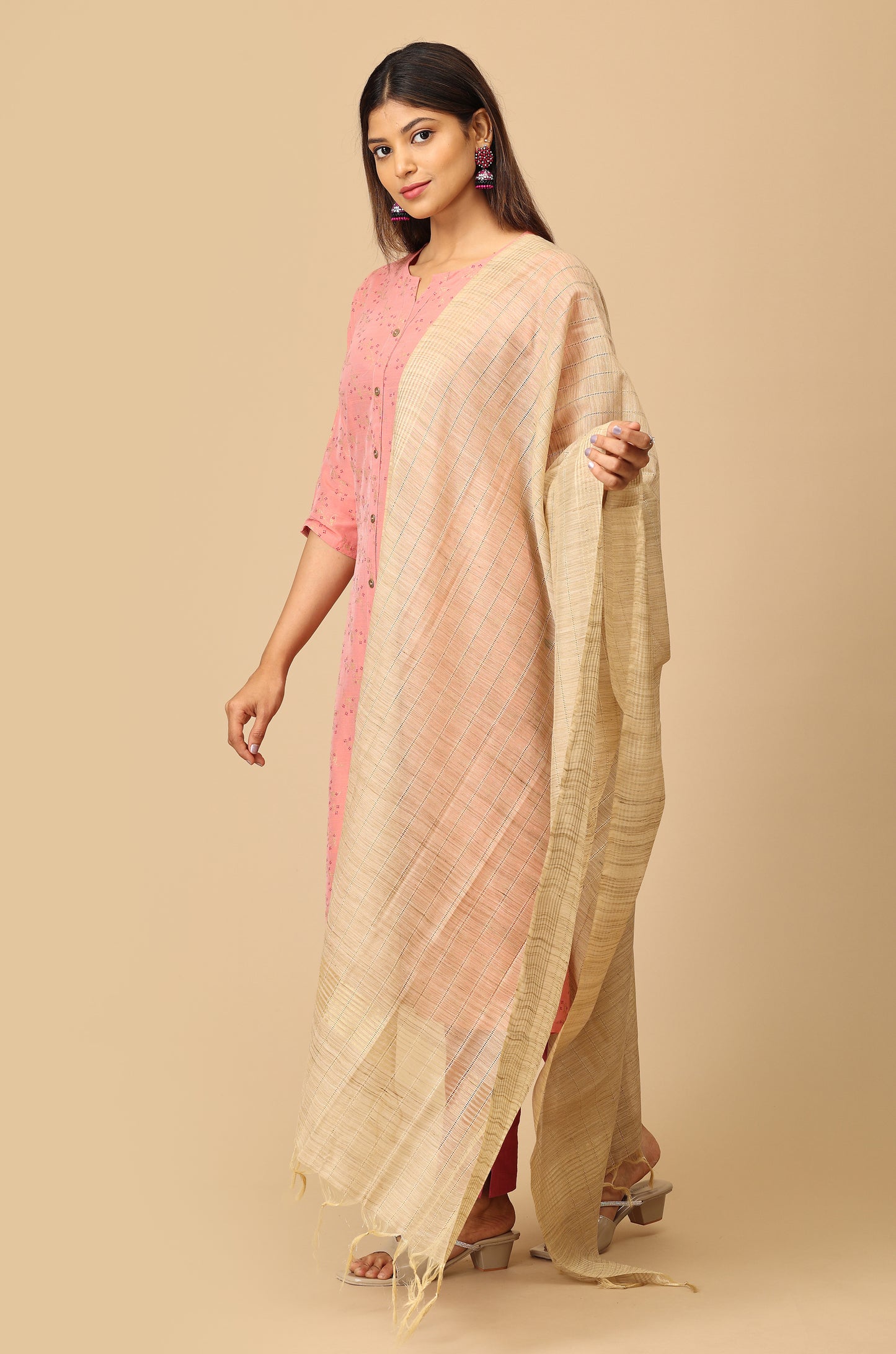 Peach Slub Silk Printed Kurti