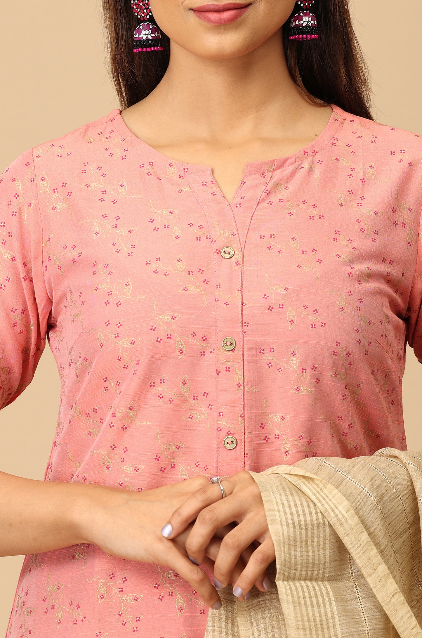 Peach Slub Silk Printed Kurti