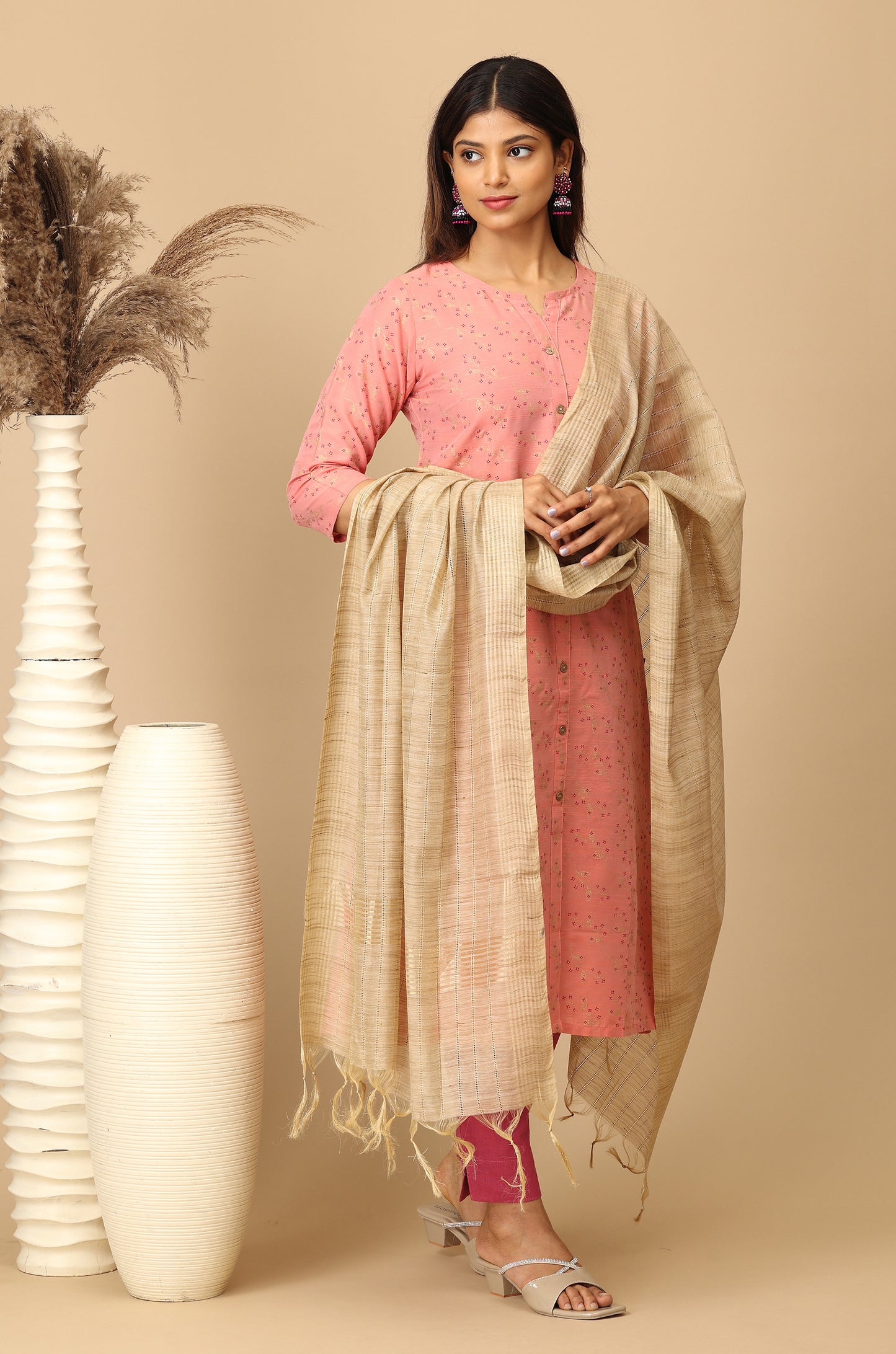 Peach Slub Silk Printed Kurti