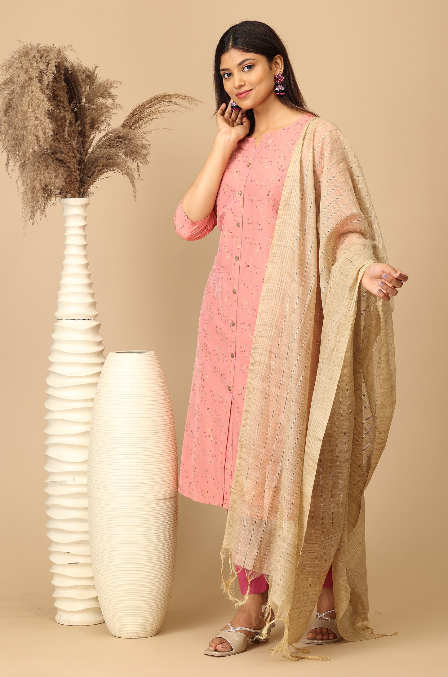 Peach Slub Silk Printed Kurti
