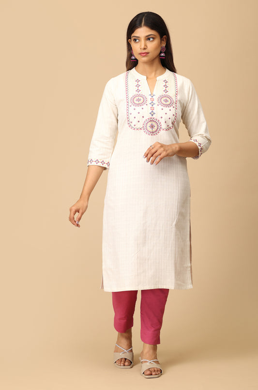Off White Viscose Embroidery Kurti