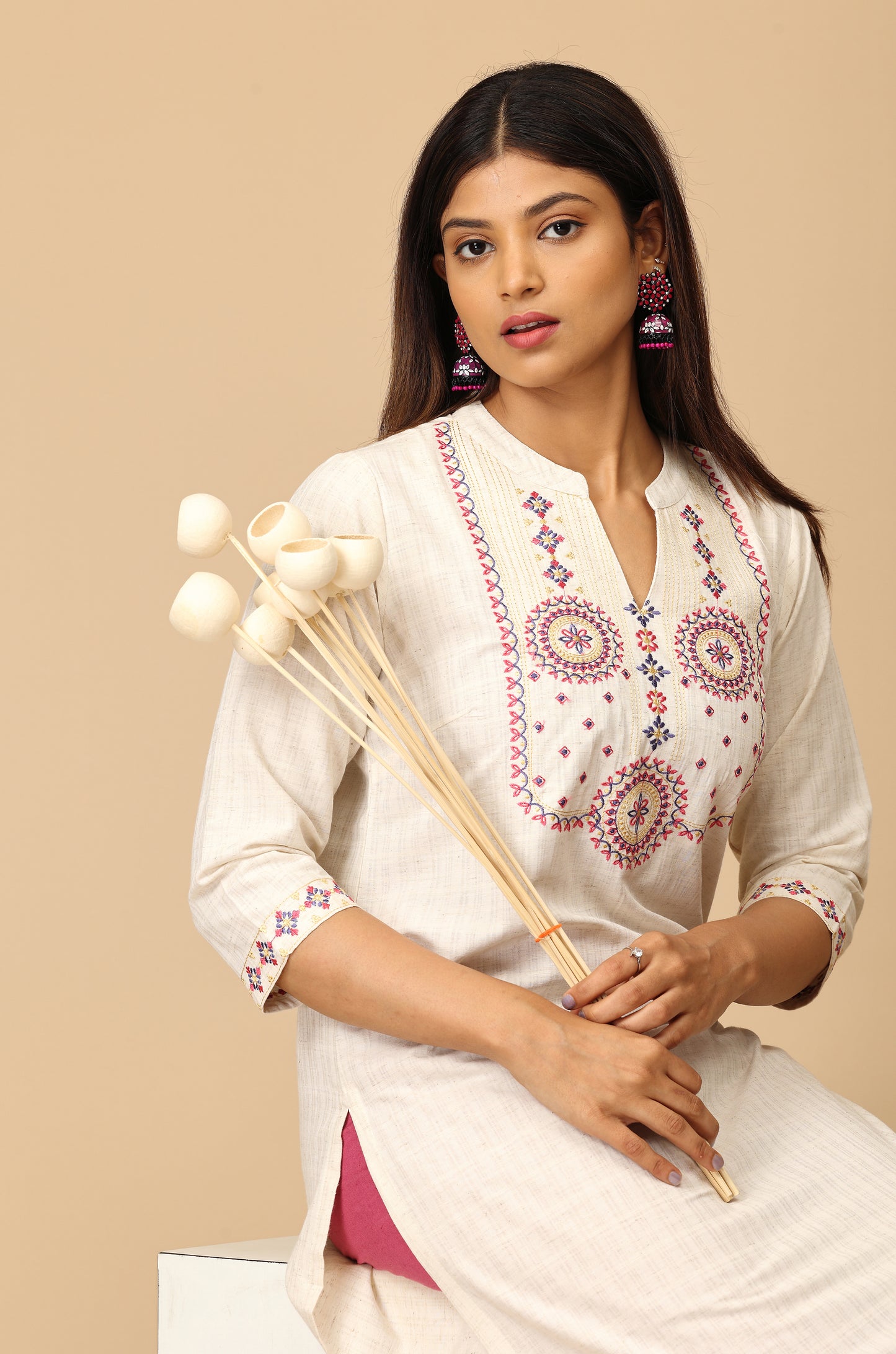 Off White Viscose Embroidery Kurti