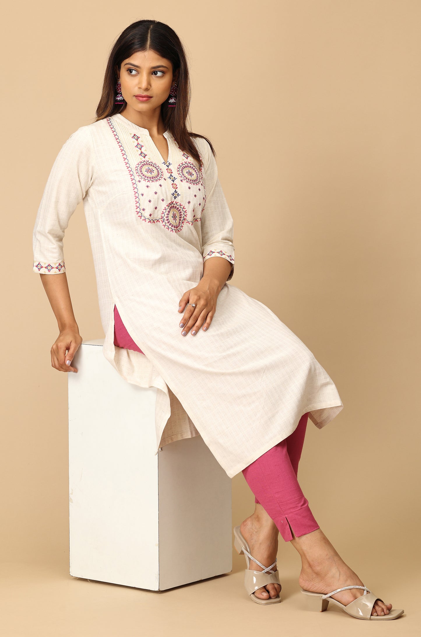 Off White Viscose Embroidery Kurti