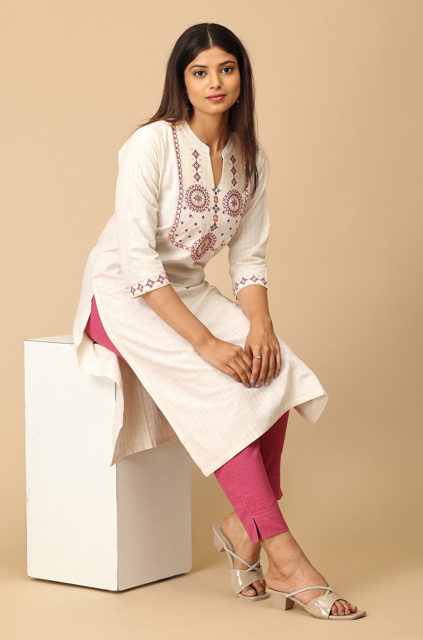Off White Viscose Embroidery Kurti
