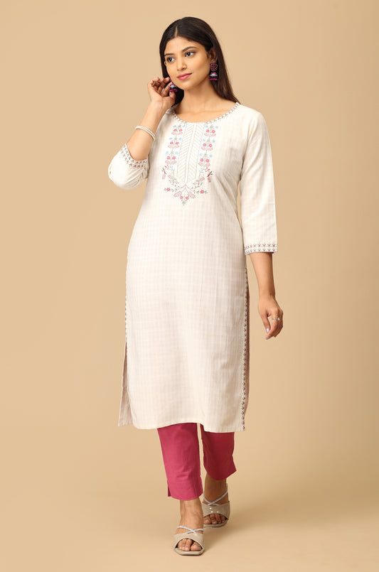 Off White Viscose Embroidery Kurti