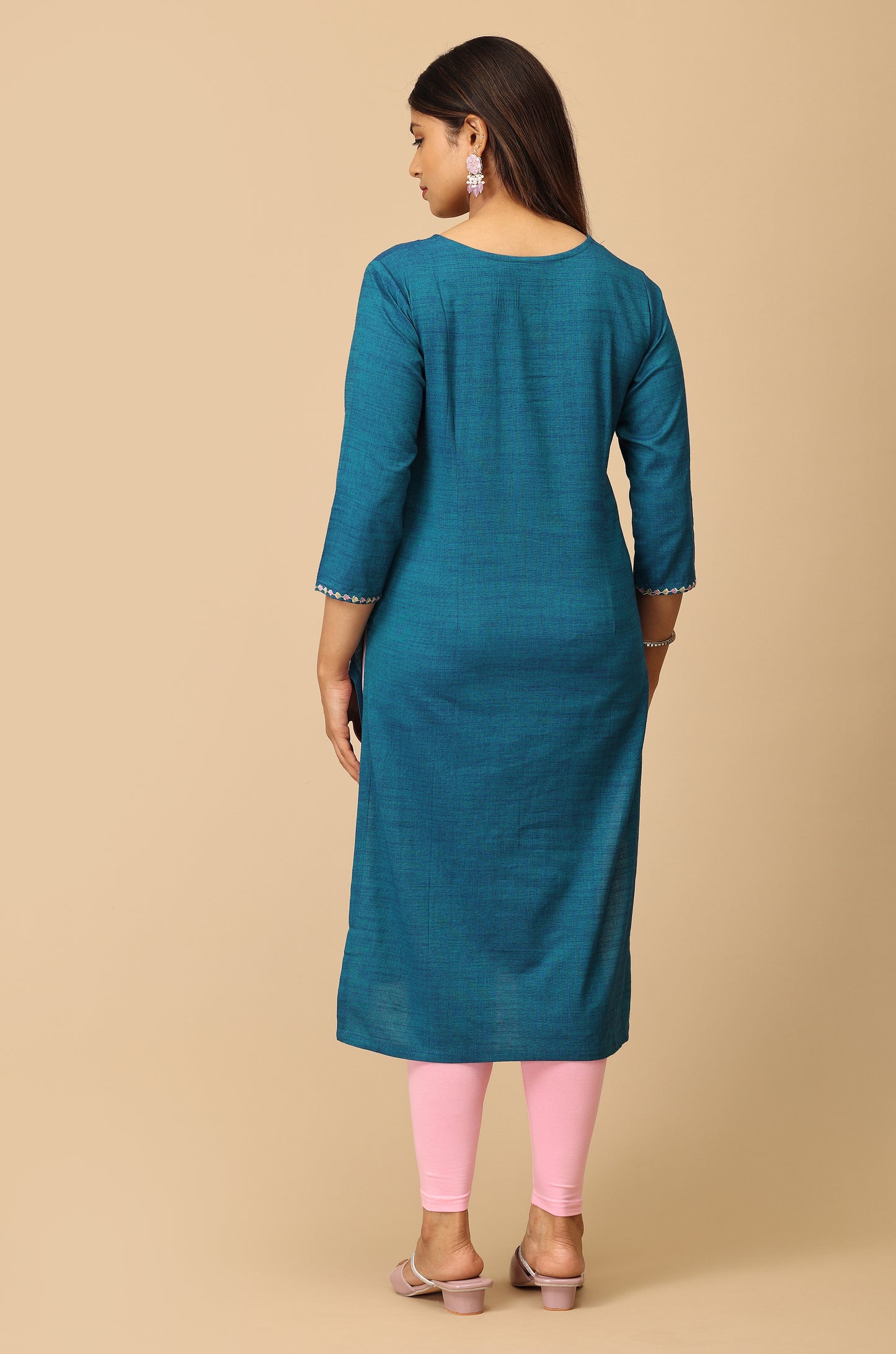 Teal Blue Rayon Slub Embroidery Kurti