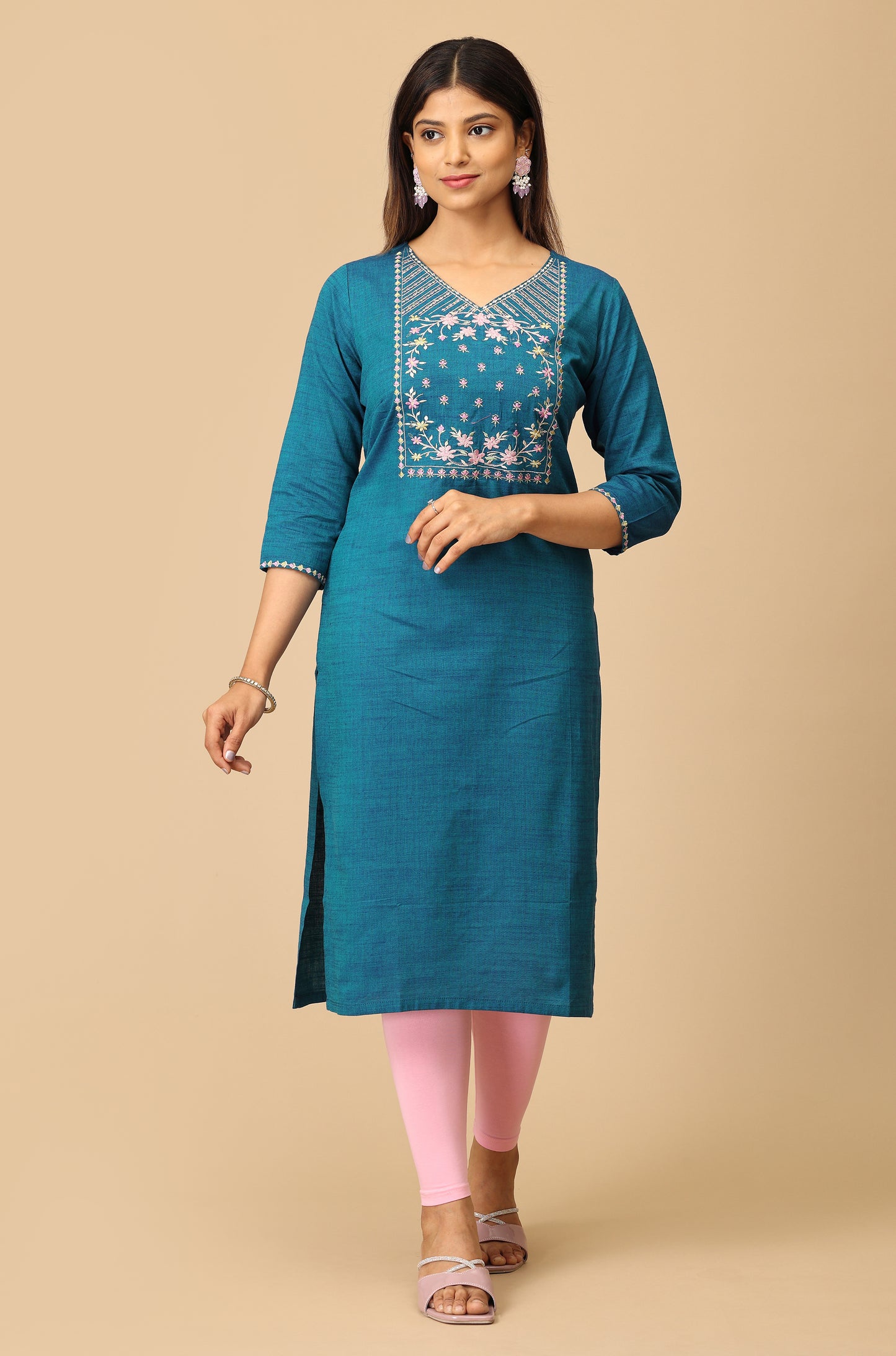Teal Blue Rayon Slub Embroidery Kurti